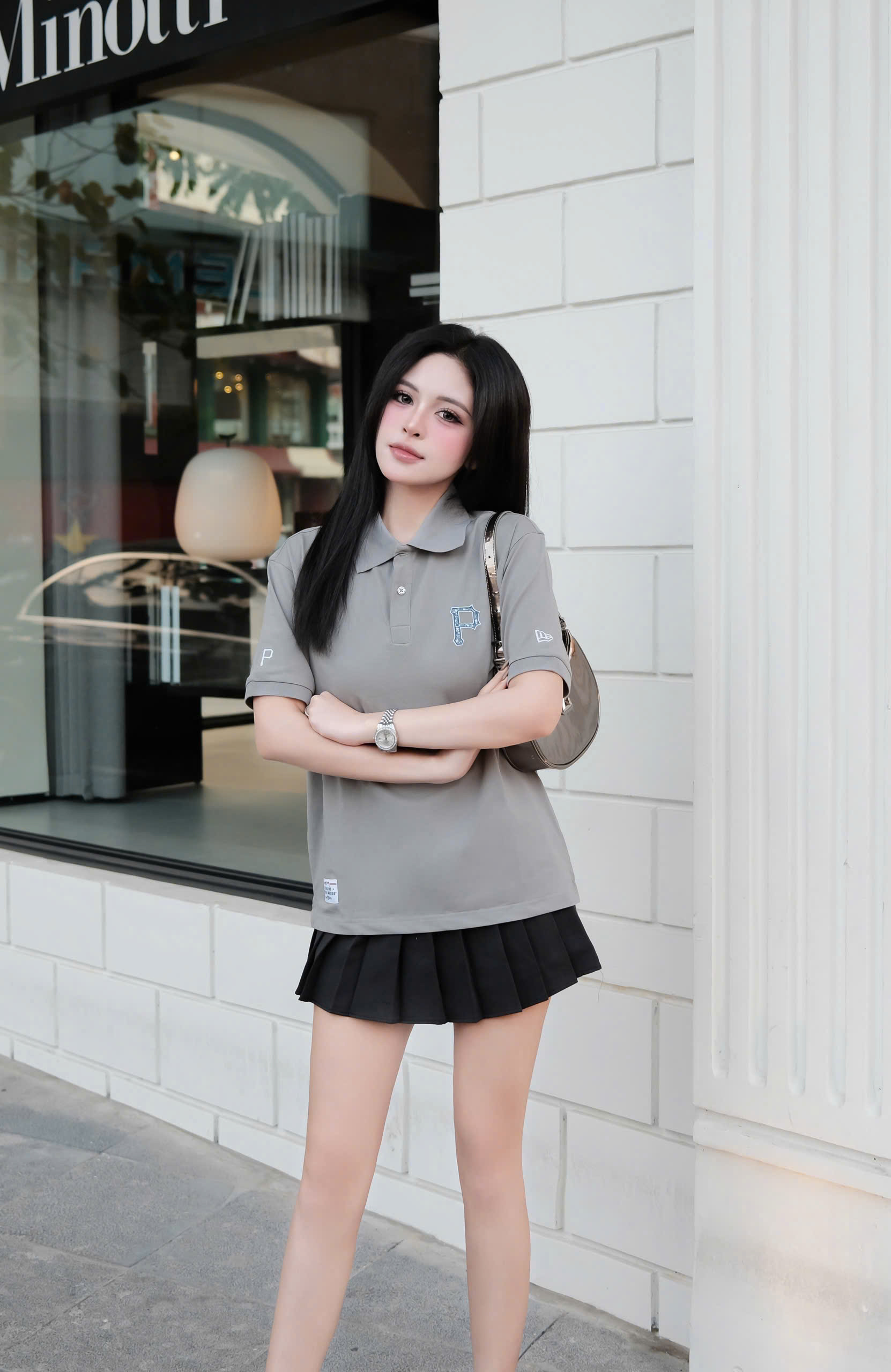 2166 - Áo Polo New Era Pennant Big P Xám [HÀNG CHÍNH HÃNG]