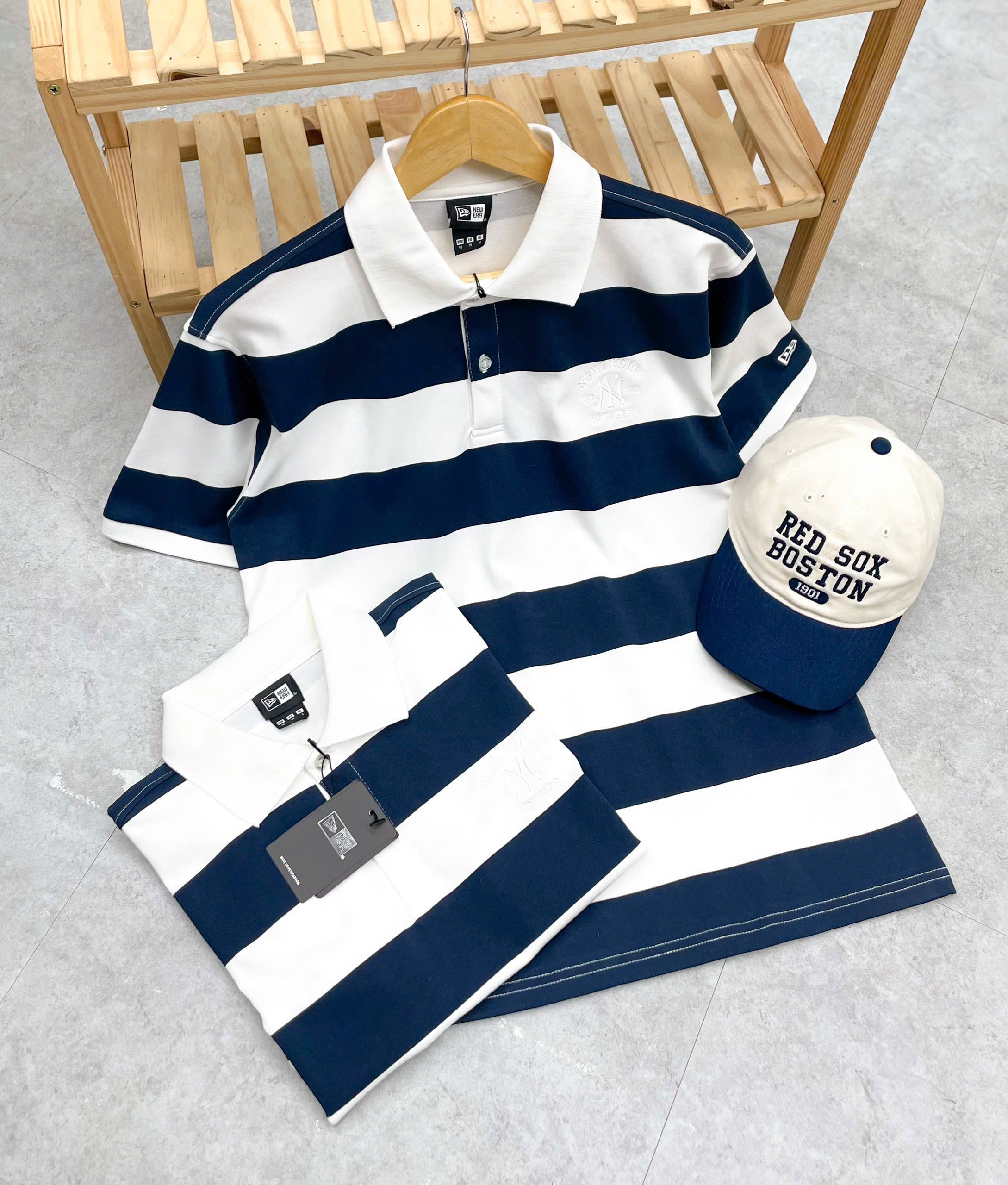 2184 - Áo Polo New Era NY Chìm Xanh Navy Sọc Trắng [HÀNG CHÍNH HÃNG]