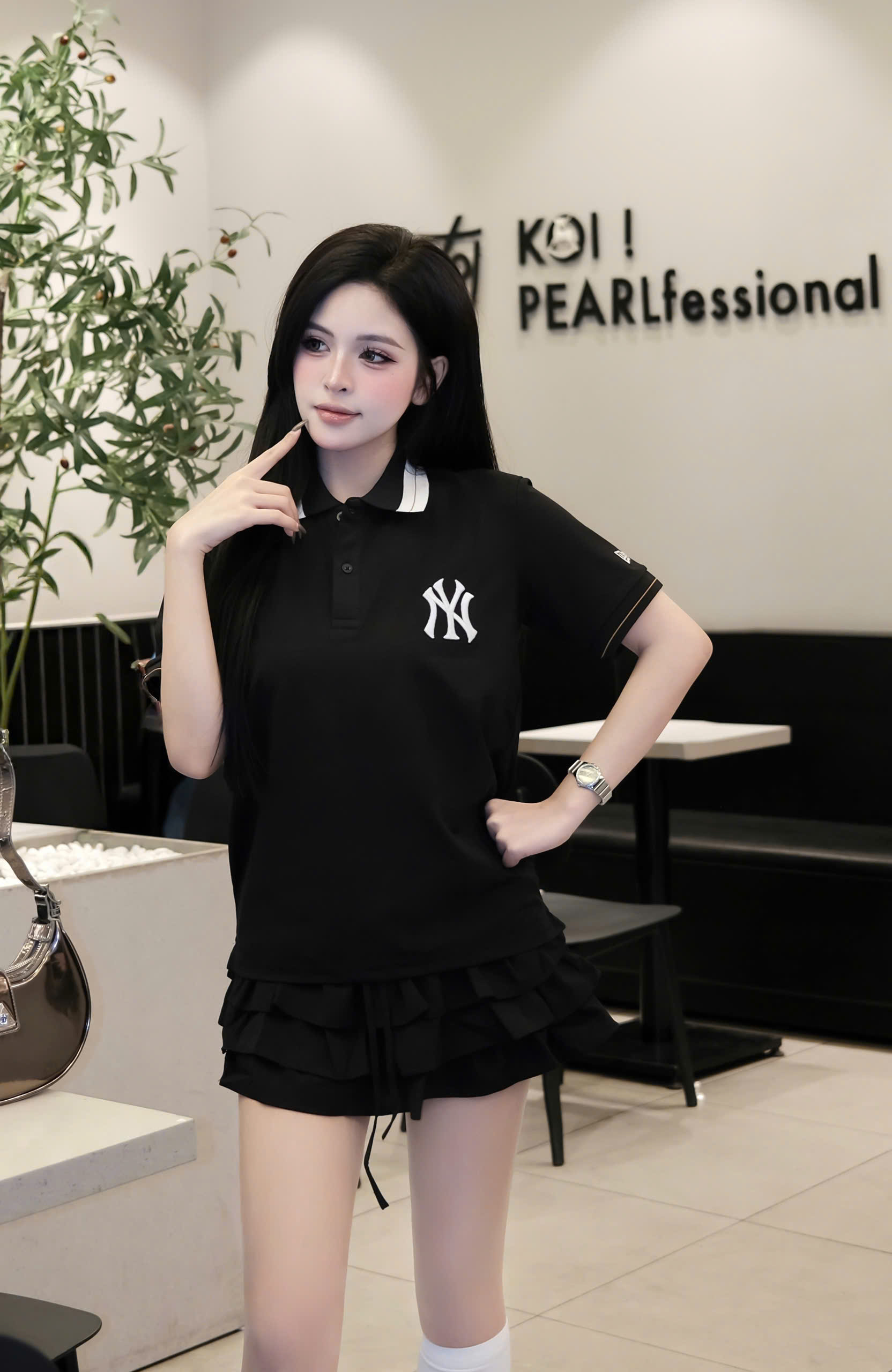 2126 - Áo Polo New Era NY Đen Cổ Trắng Viền Nâu [HÀNG CHÍNH HÃNG]