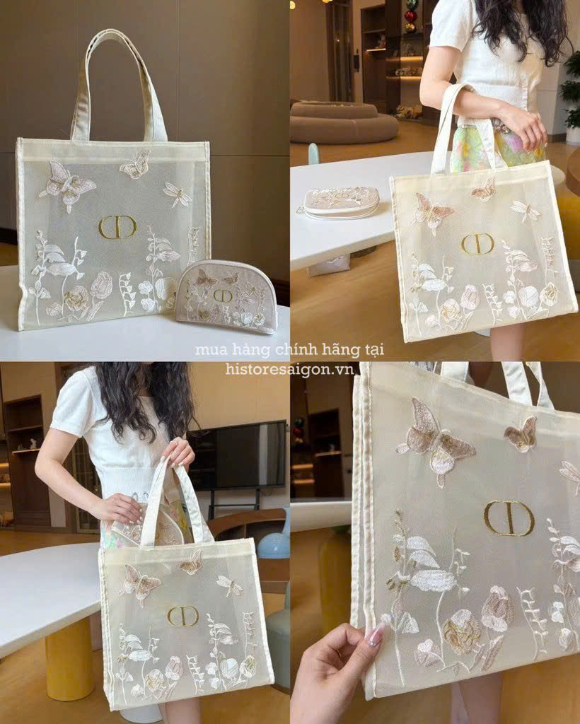 2743 - Túi Tote Dior Butterfly Gift Trắng Kem (Gift Hãng Tặng Khách) [HÀNG CHÍNH HÃNG]