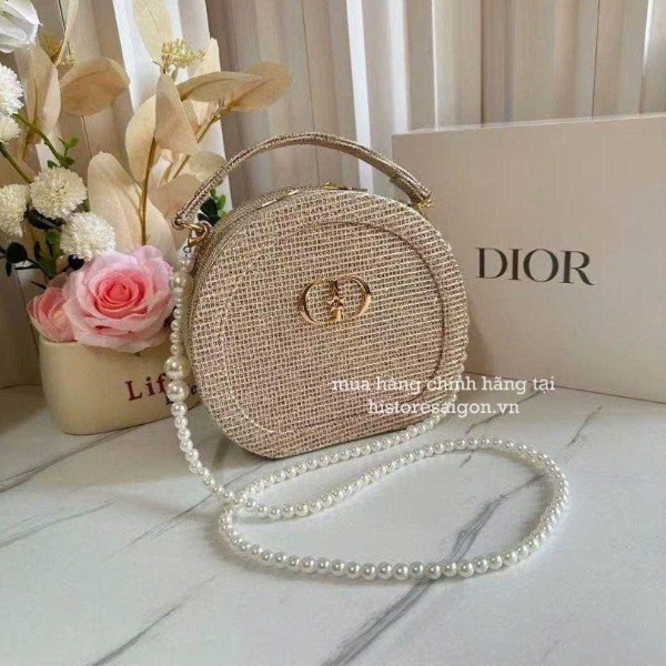 2079 - Túi Dior Gift Crystal Gold Woven Round Pouch - Dior Pouch Beauty Xmas Gift (Gift Hãng Tặng Khách) [HÀNG CHÍNH HÃNG]