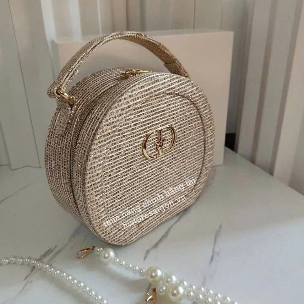 2079 - Túi Dior Gift Crystal Gold Woven Round Pouch - Dior Pouch Beauty Xmas Gift (Gift Hãng Tặng Khách) [HÀNG CHÍNH HÃNG]