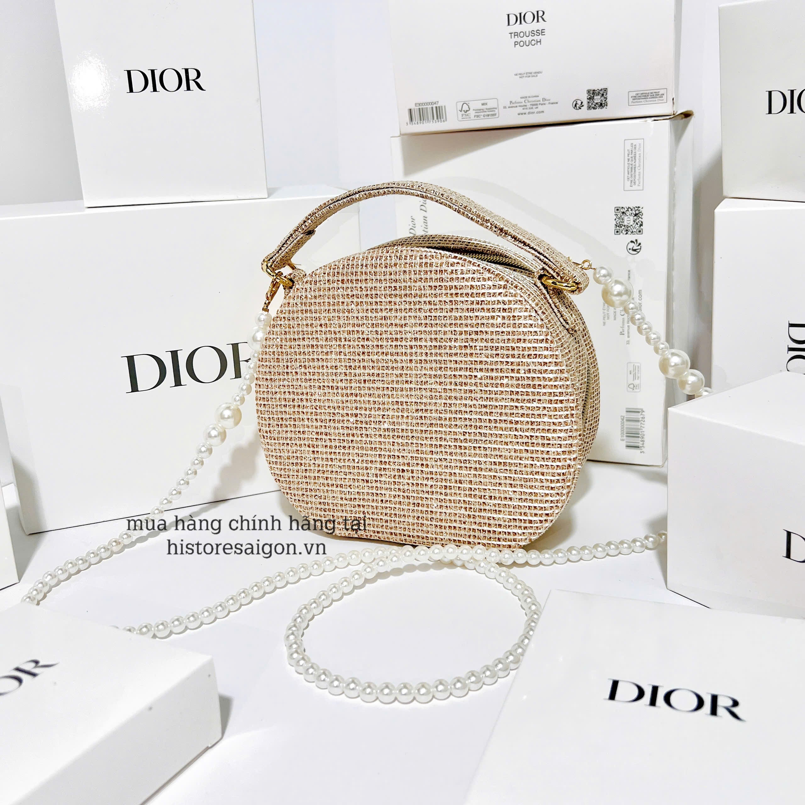 2079 - Túi Dior Gift Crystal Gold Woven Round Pouch - Dior Pouch Beauty Xmas Gift (Gift Hãng Tặng Khách) [HÀNG CHÍNH HÃNG]
