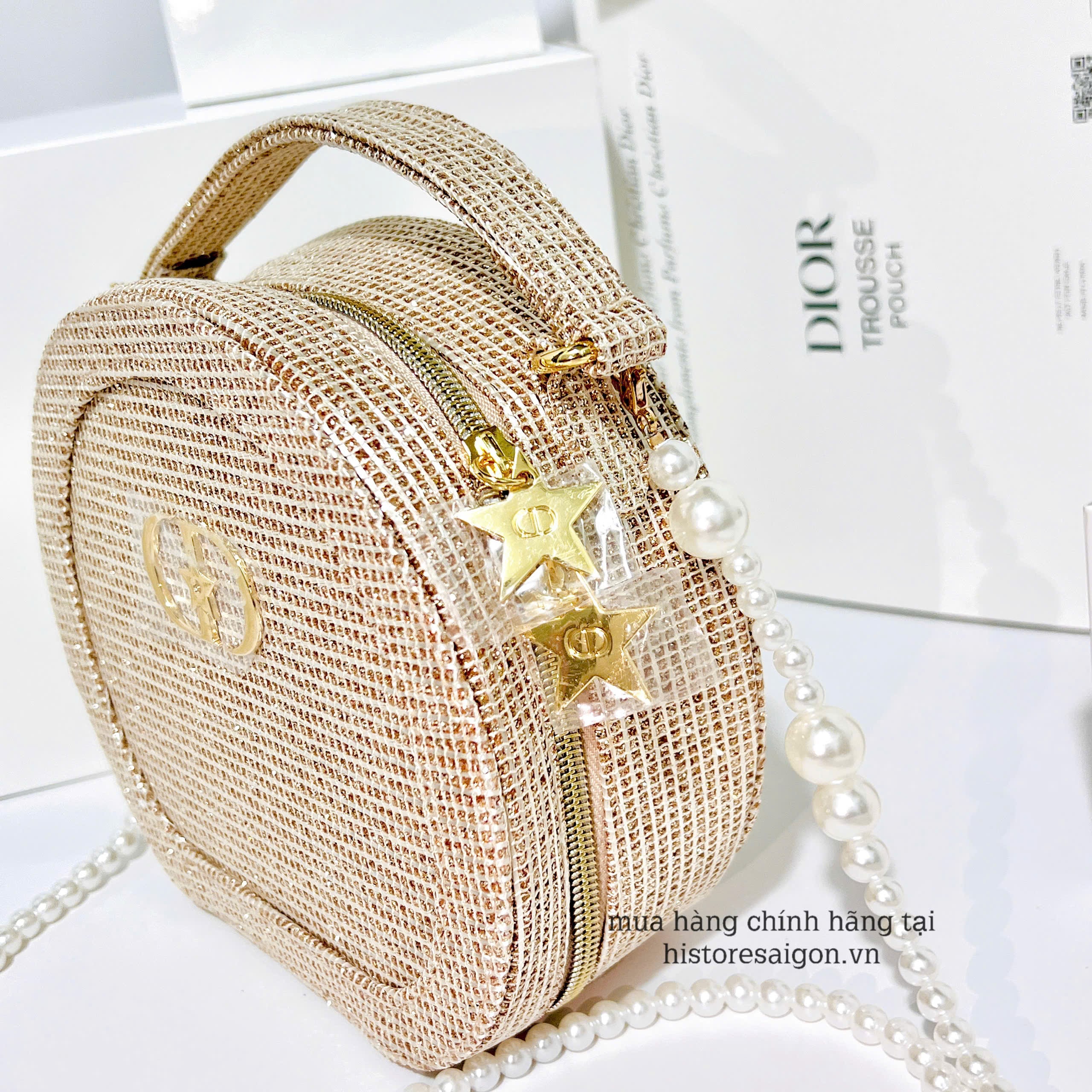 2079 - Túi Dior Gift Crystal Gold Woven Round Pouch - Dior Pouch Beauty Xmas Gift (Gift Hãng Tặng Khách) [HÀNG CHÍNH HÃNG]
