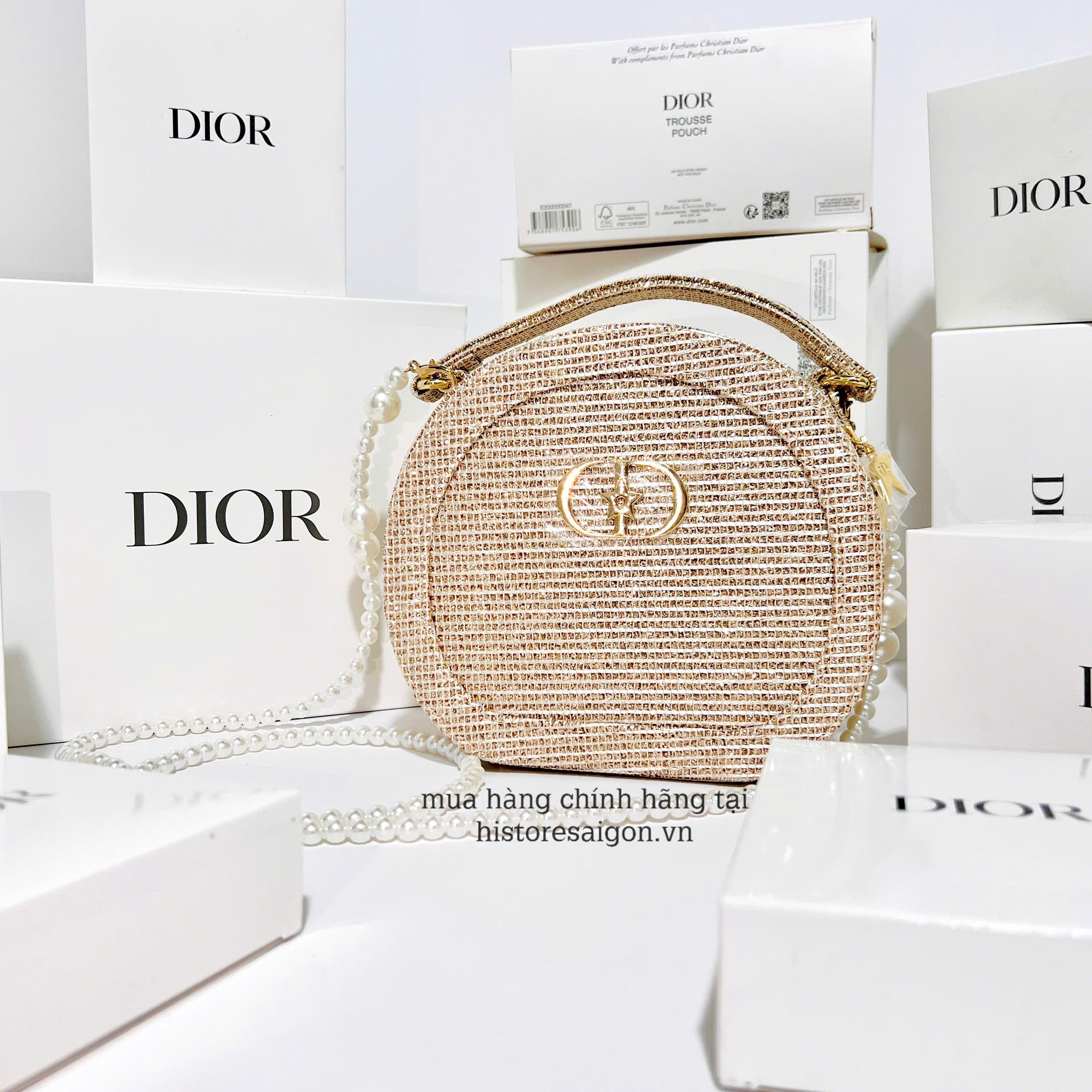 2079 - Túi Dior Gift Crystal Gold Woven Round Pouch - Dior Pouch Beauty Xmas Gift (Gift Hãng Tặng Khách) [HÀNG CHÍNH HÃNG]