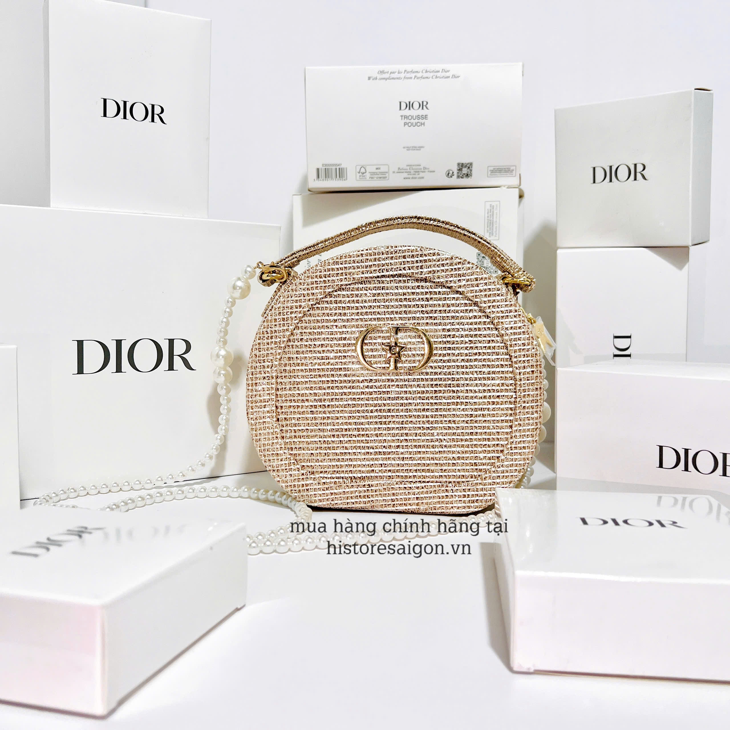 2079 - Túi Dior Gift Crystal Gold Woven Round Pouch - Dior Pouch Beauty Xmas Gift (Gift Hãng Tặng Khách) [HÀNG CHÍNH HÃNG]