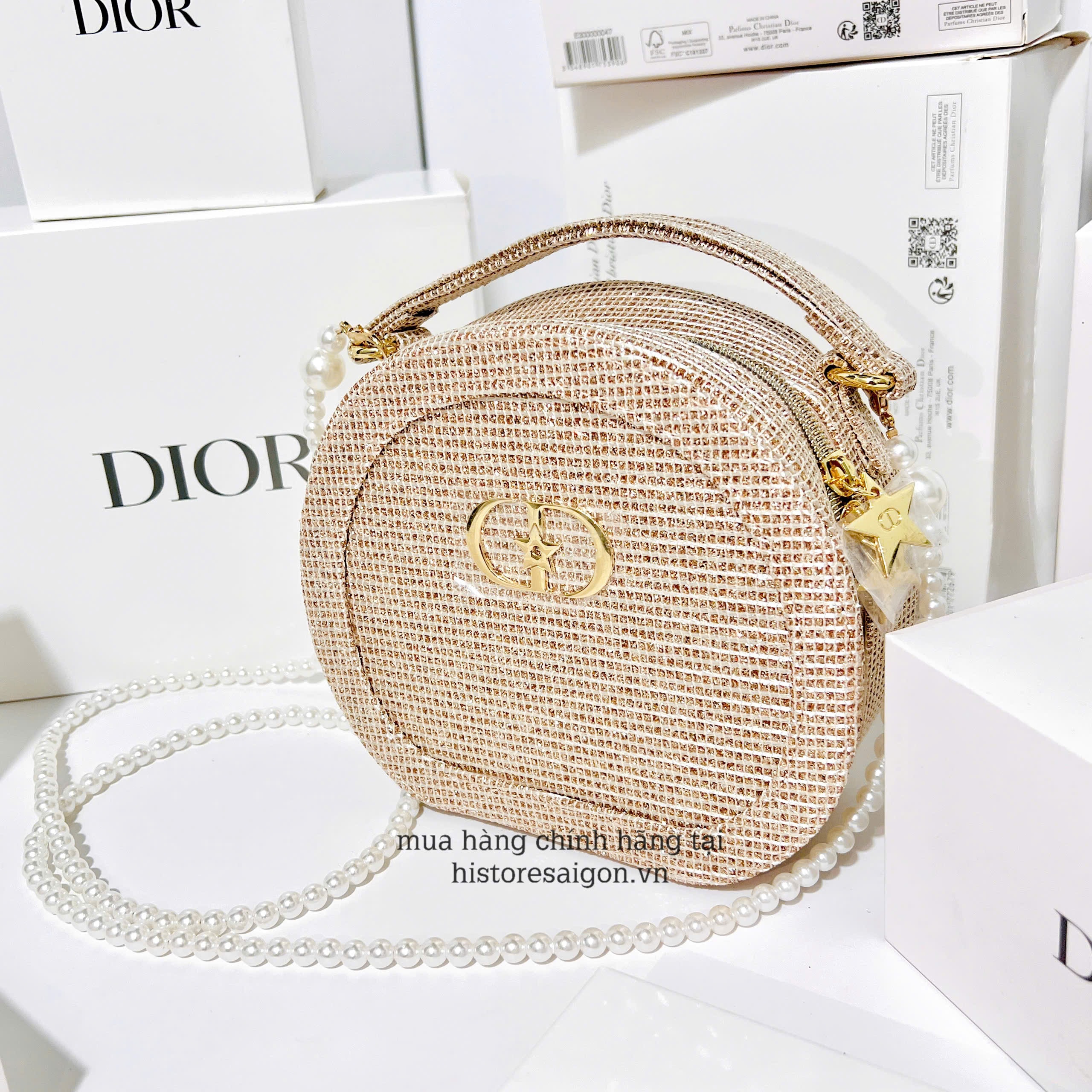 2079 - Túi Dior Gift Crystal Gold Woven Round Pouch - Dior Pouch Beauty Xmas Gift (Gift Hãng Tặng Khách) [HÀNG CHÍNH HÃNG]