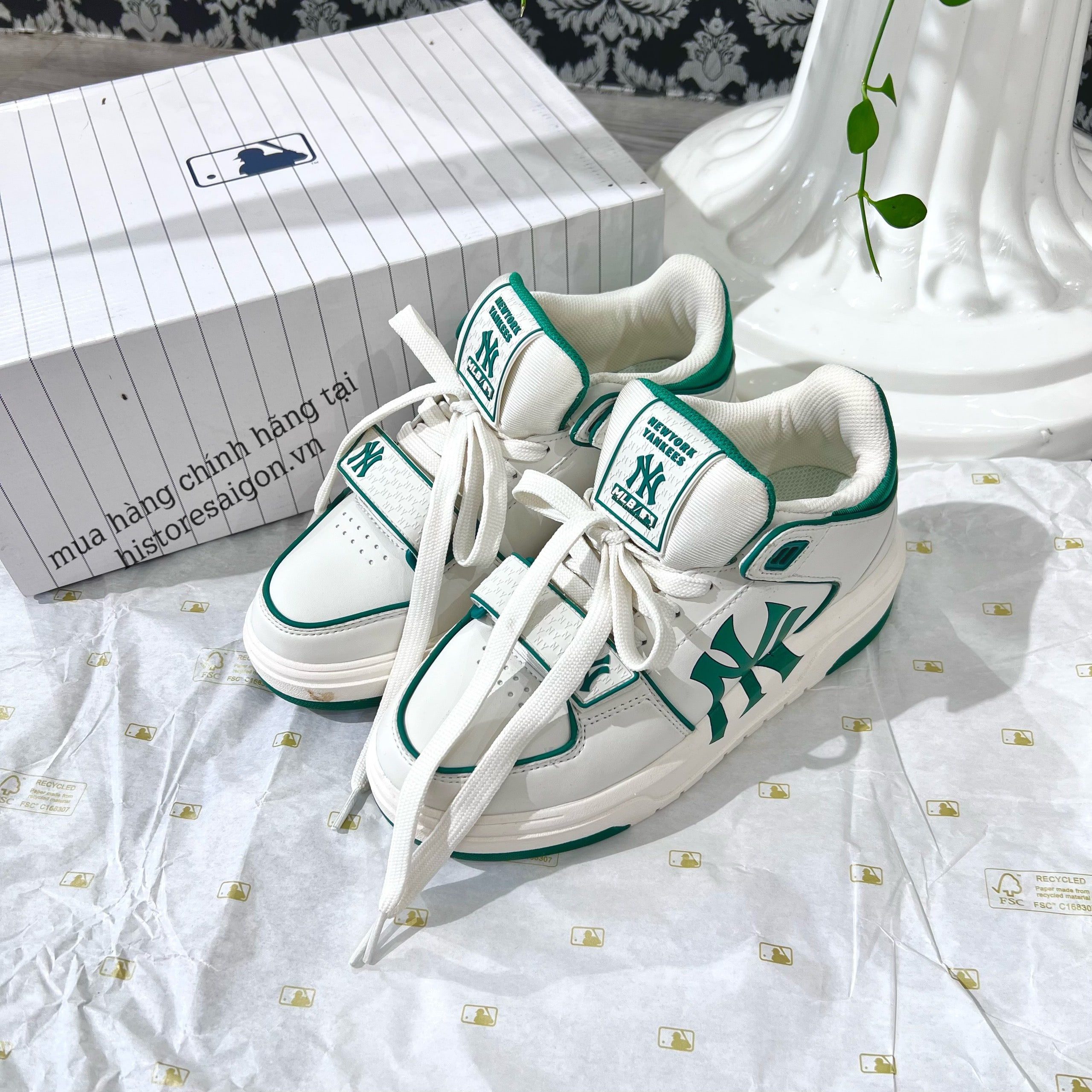 236 -  Giày MLB Liner Mid NY - Trắng Viền Xanh Lá - Code 3ASXLMB3N- [HÀNG CHÍNH HÃNG]