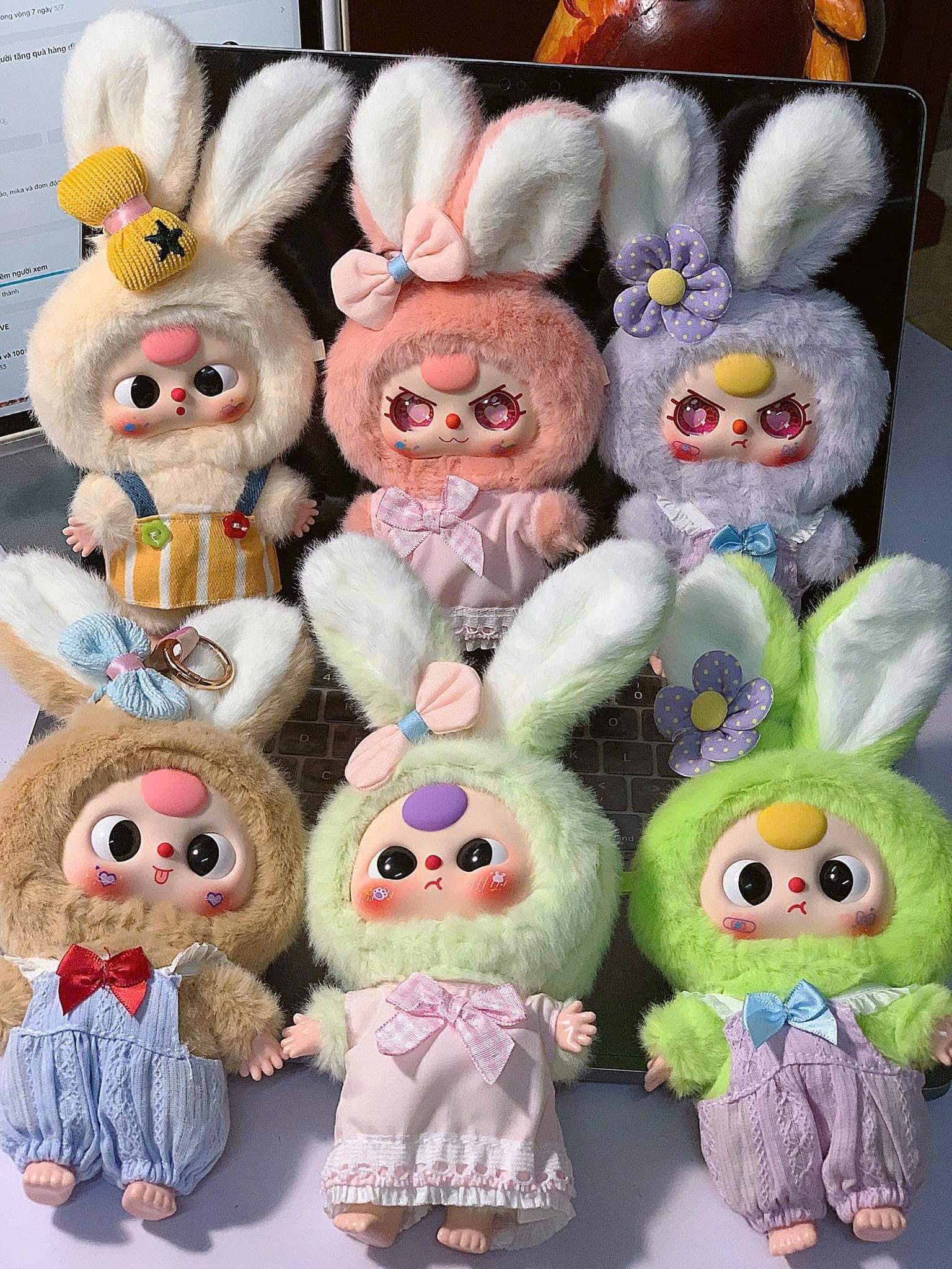1132 - Baby Three Bunny Macaron Set 6 Bé - Baby Three Bunny Macaron Series Animal Party Big Cute Plush Series Art Toy [CHÍNH HÃNG]