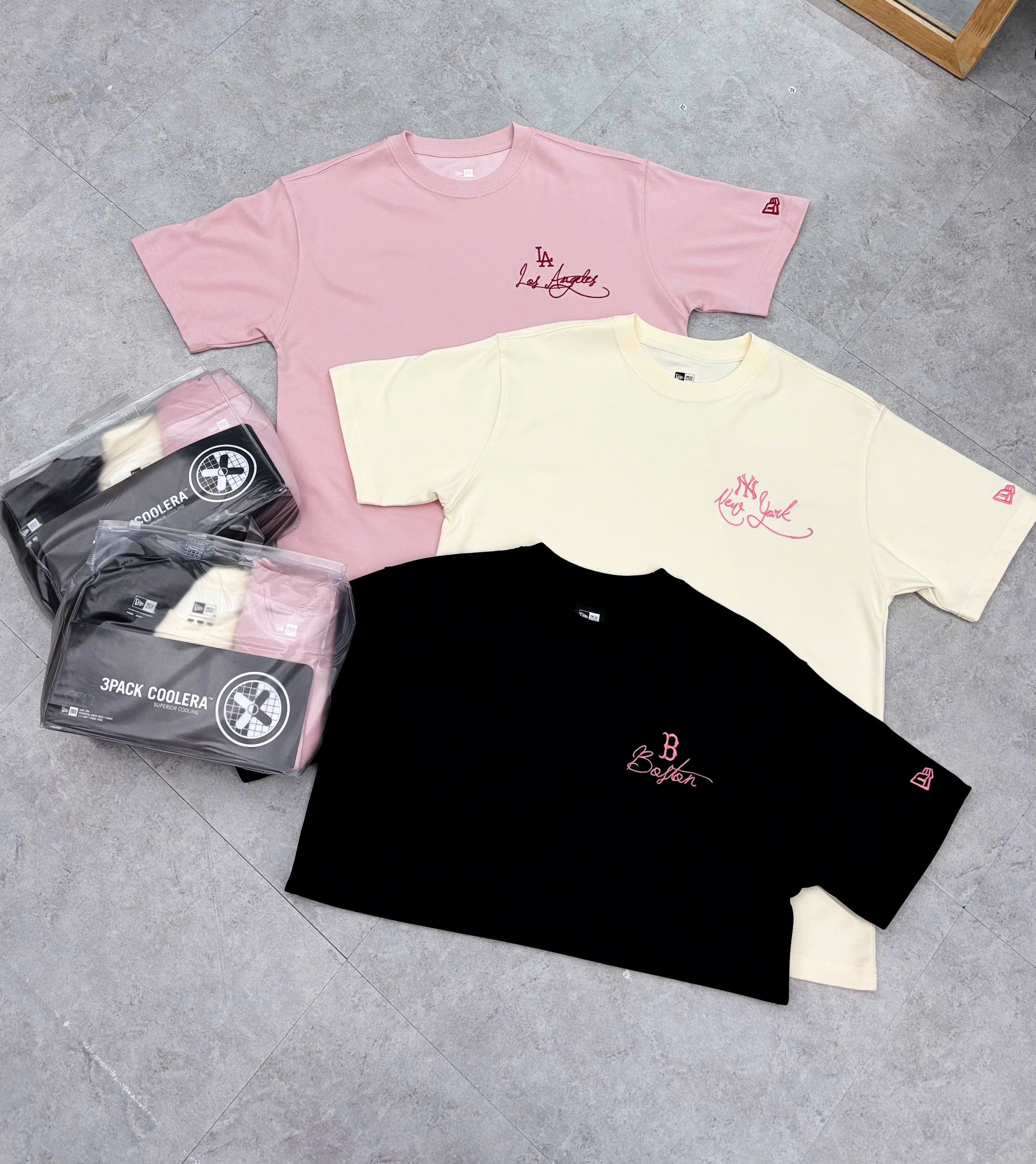 1351  - Combo Pack 3 Áo Thun New Era - Đen+Kem+Hồng - NY LA Boston Chữ Kí  [HÀNG CHÍNH HÃNG]
