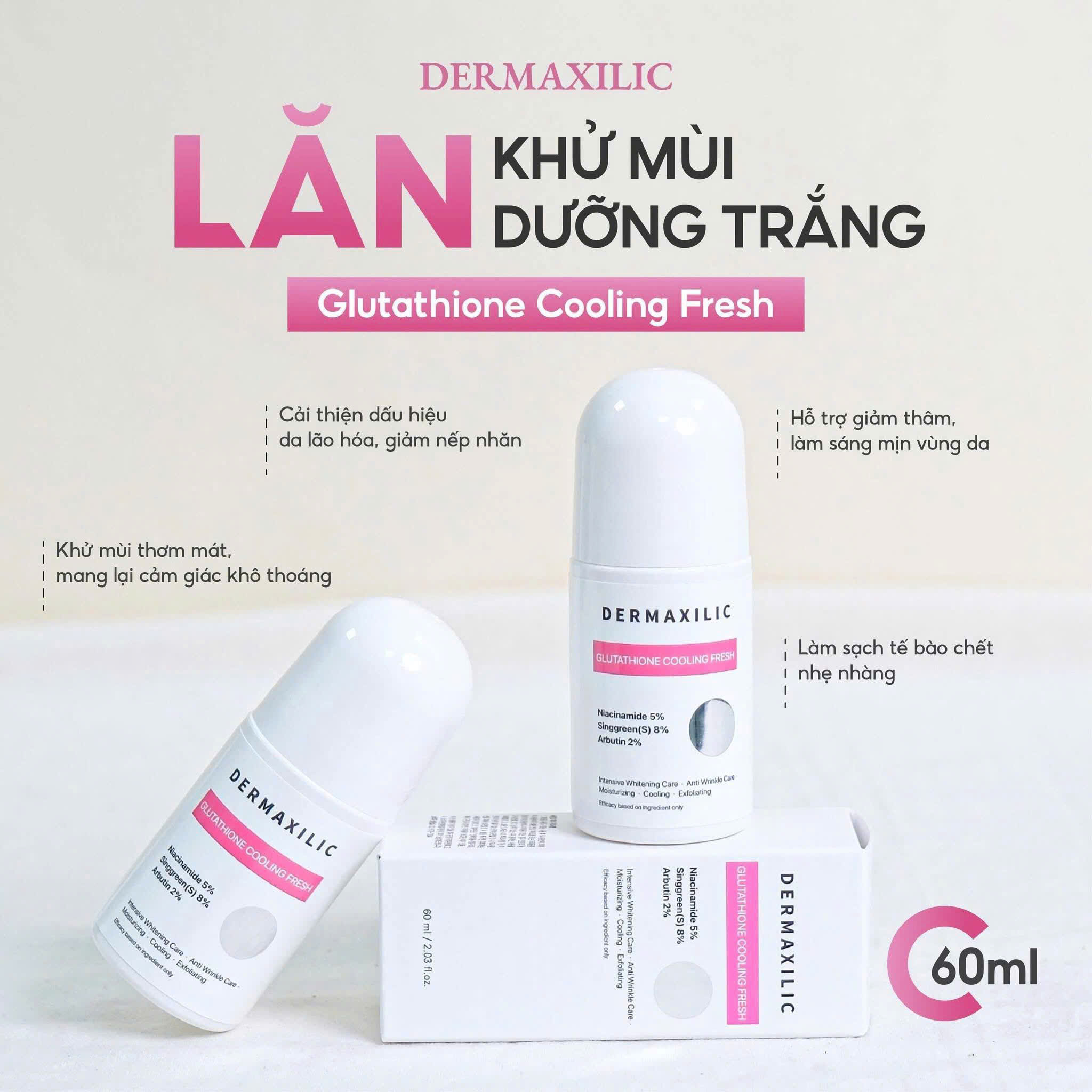 Lăn Khử Mùi Hỗ Trợ Làm Sáng Da Nách Dermaxilic Glutathione Cooling Fresh 60ml