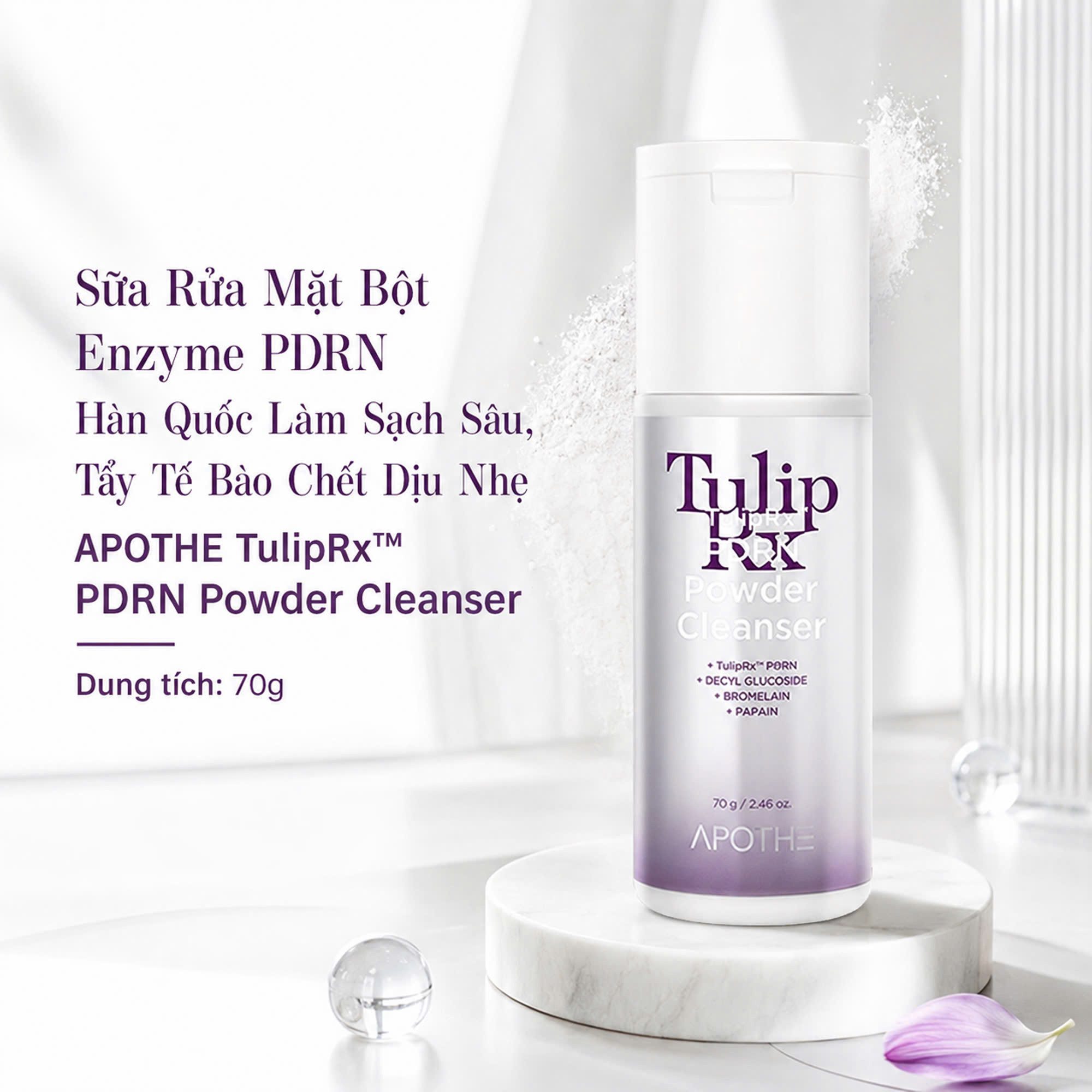 Sữa Rửa Mặt Bột Enzyme PDRN Hàn Quốc Làm Sạch Sâu, Tẩy Tế Bào Chết Dịu Nhẹ APOTHE TulipRx™ PDRN Powder Cleanser 70g 
