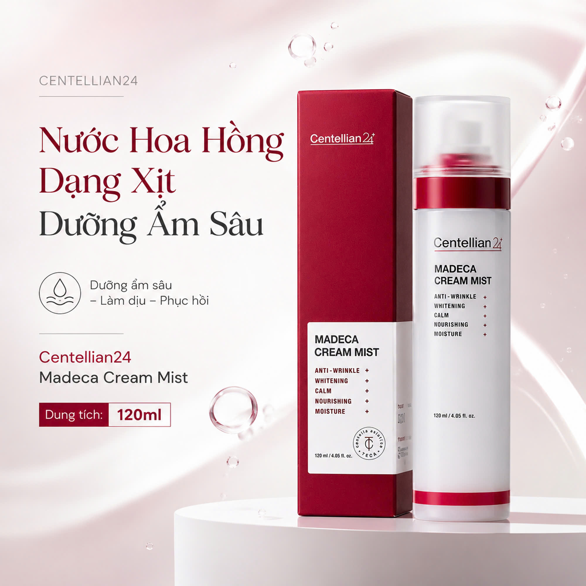 Nước hoa hồng dạng xịt dưỡng ẩm sâu Centellian 24 Madeca Cream Mist 120ml