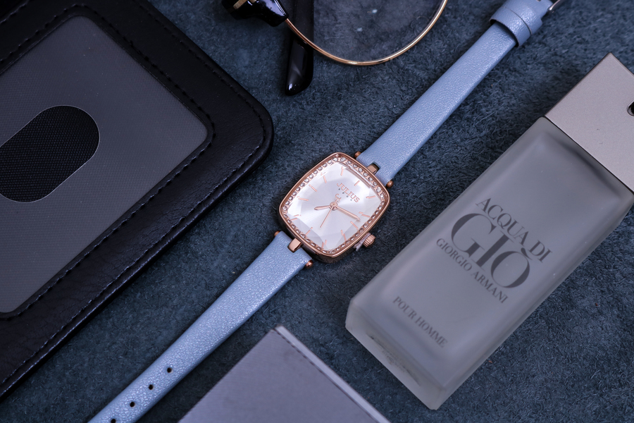 Combo Đồng Hồ Nữ JA-1341A + ES119C Julius Hàn Quốc Dây Da