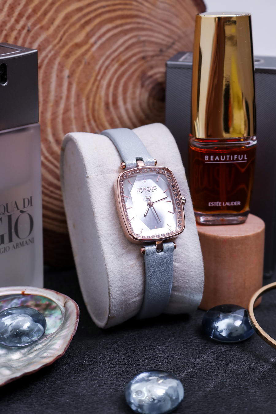 Combo Đồng Hồ Nữ JA-1341A + ES119C Julius Hàn Quốc Dây Da