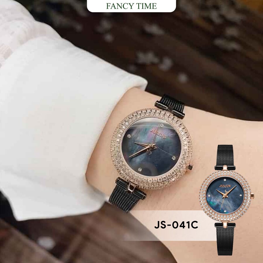 Đồng Hồ Nữ JS-041C Kính Sapphire Julius Star Hàn Quốc Dây Thép (Đen)