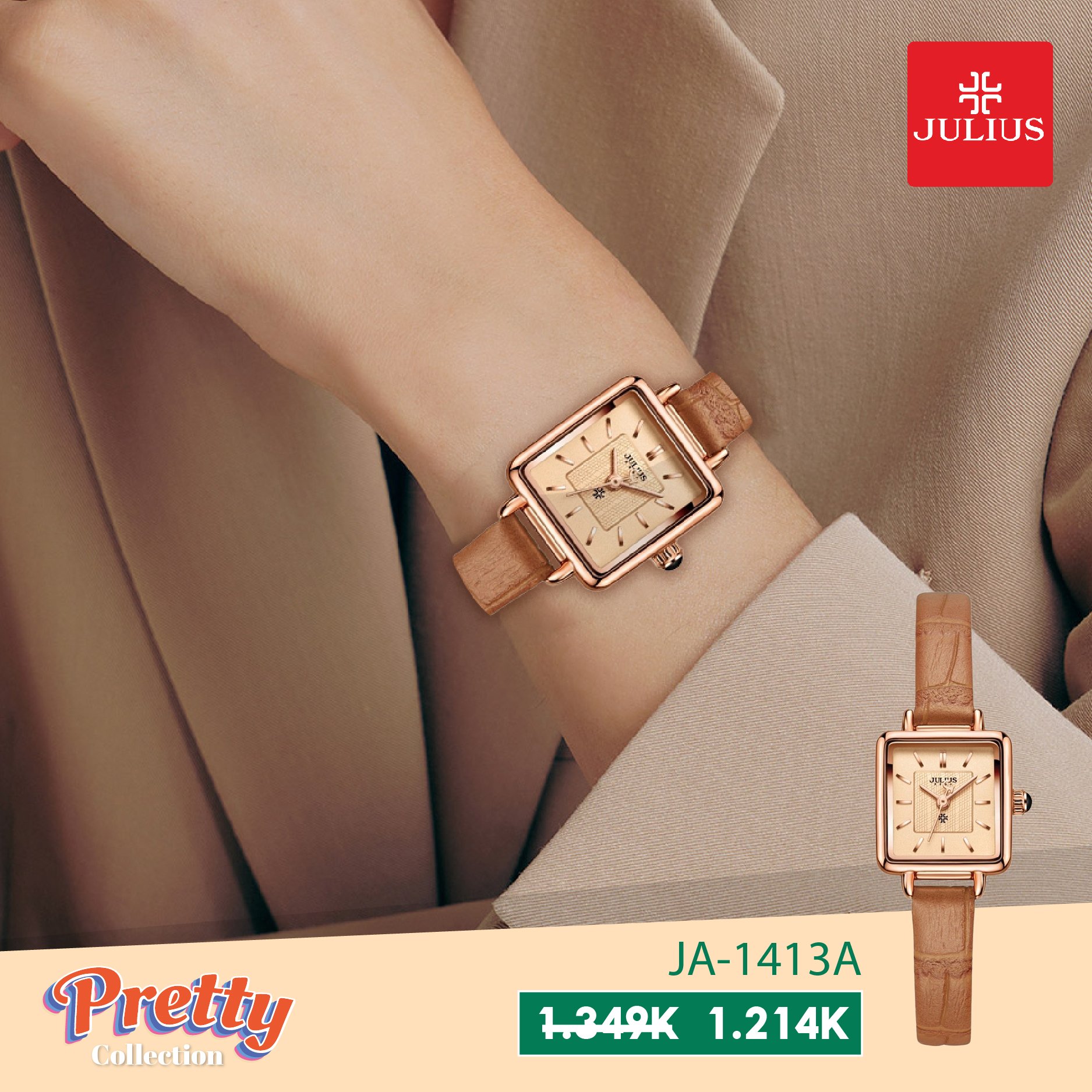 Đồng Hồ Nữ JA-1413A Julius Hàn Quốc Dây Da  (Nâu Nhạt)