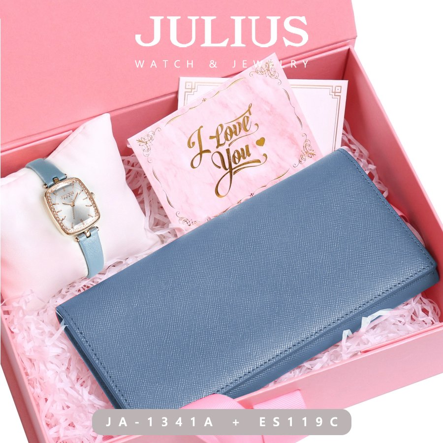 Combo Đồng Hồ Nữ JA-1341A + ES119C Julius Hàn Quốc Dây Da