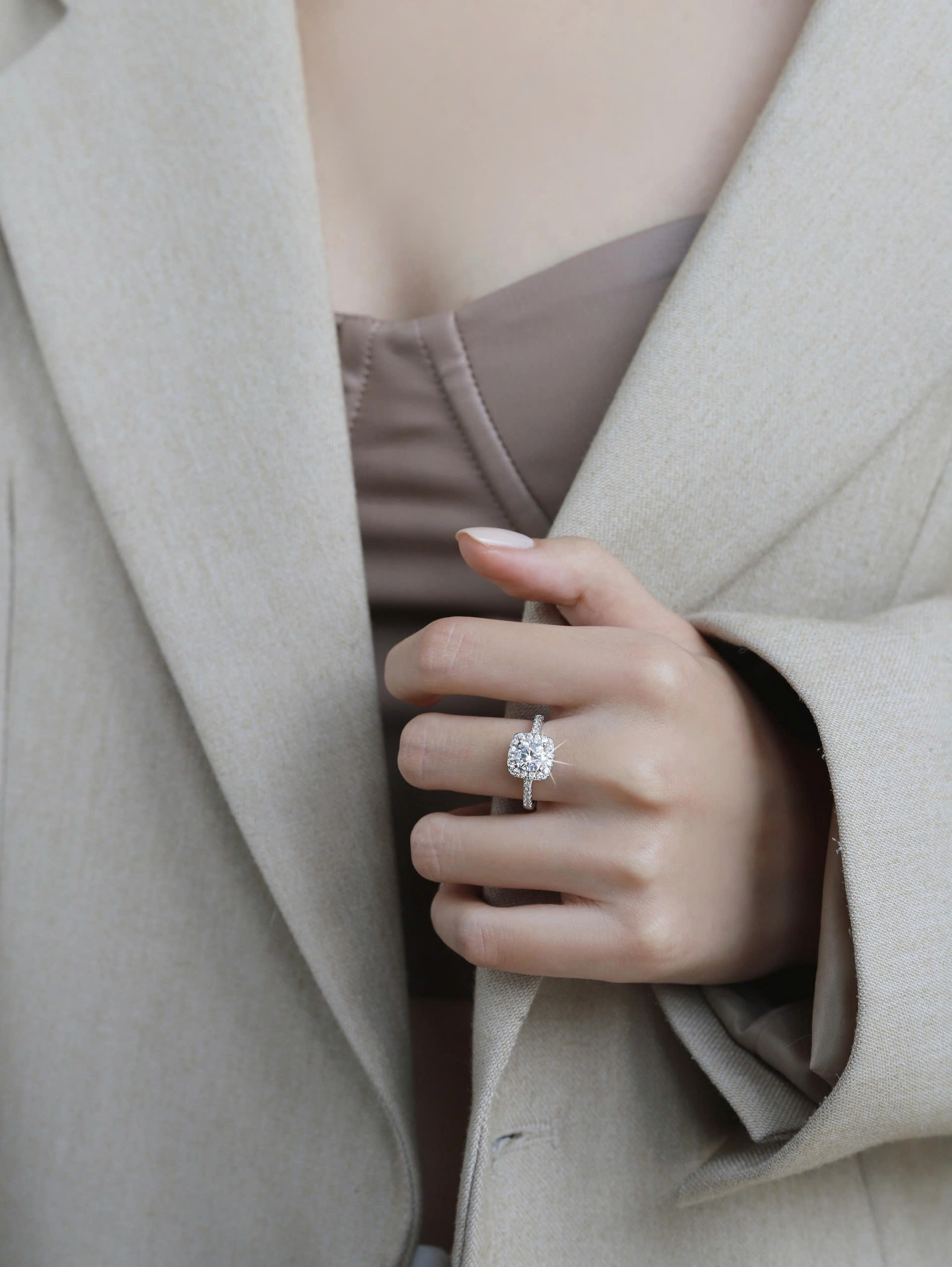 Nhẫn ESME ESJZ004 Kim Cương Đá Moissanite Bạc 925 Xi Kim 5 lớp