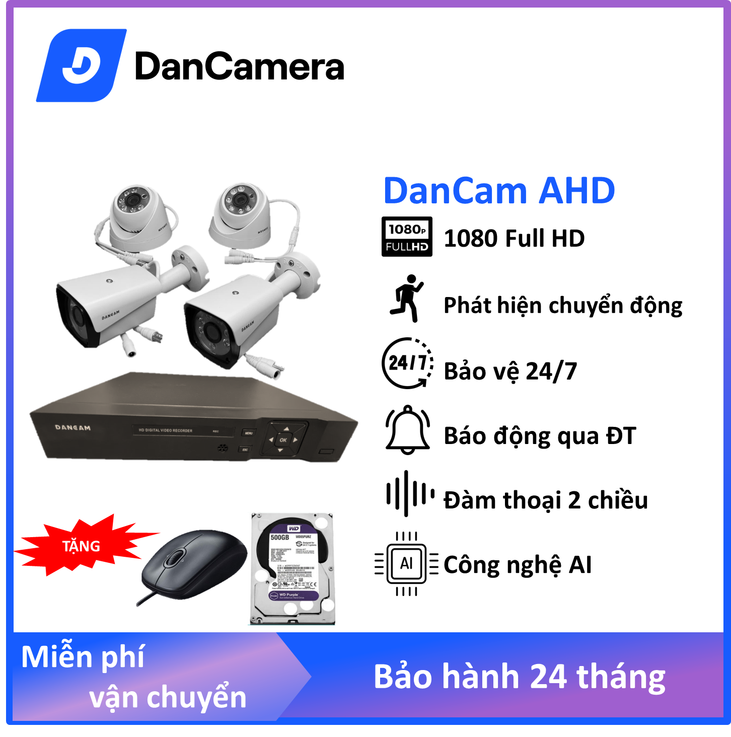 Trọn Bộ Camera 4 Mắt Dancam Full HD 1080p - Bộ 4 Camera trong nhà,ngoài trời, giám sát 24/7