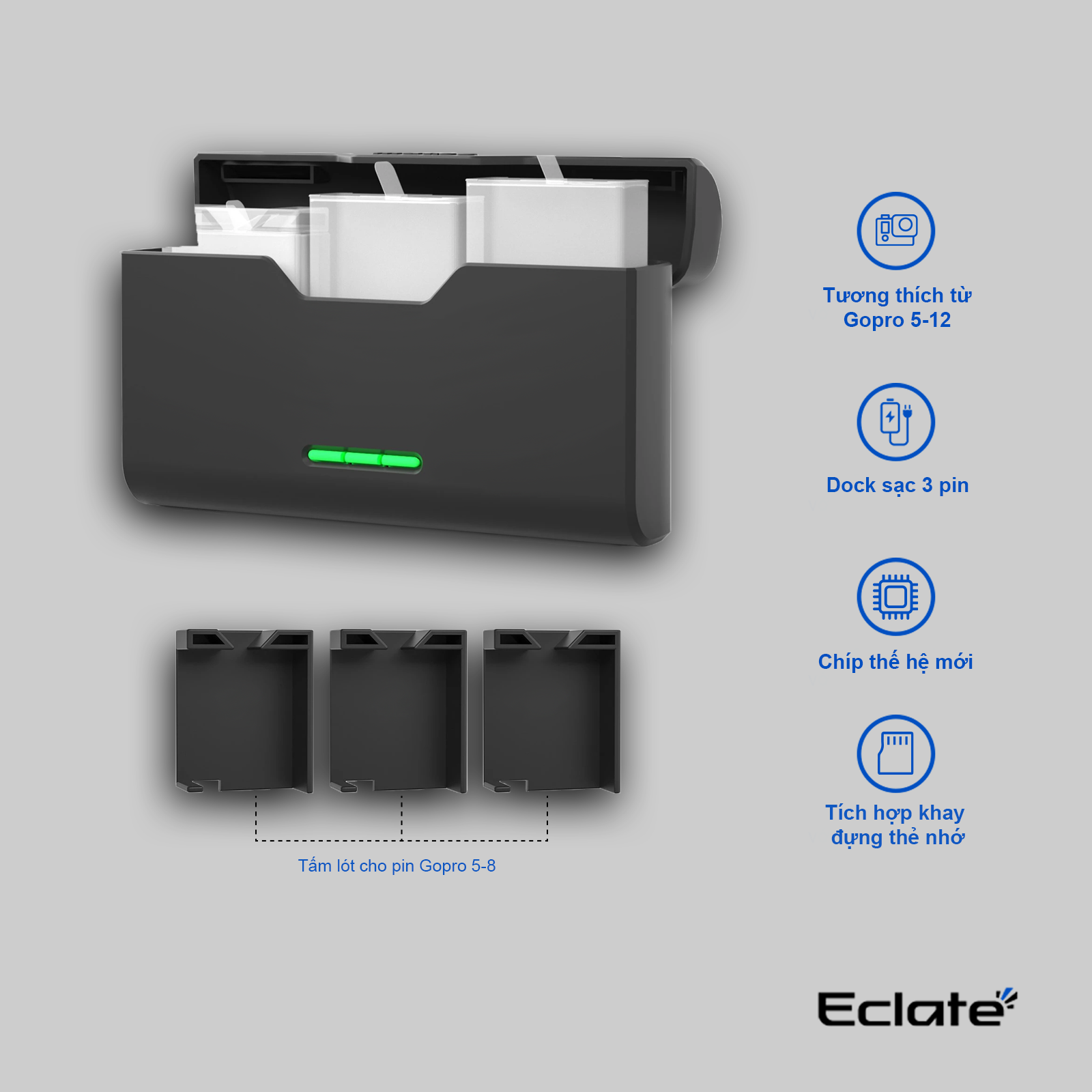 Dock sạc 3 pin Eclaté dành cho Gopro tích hợp 5/6/7/8/9/10/11/12 có khay đựng thẻ nhớ