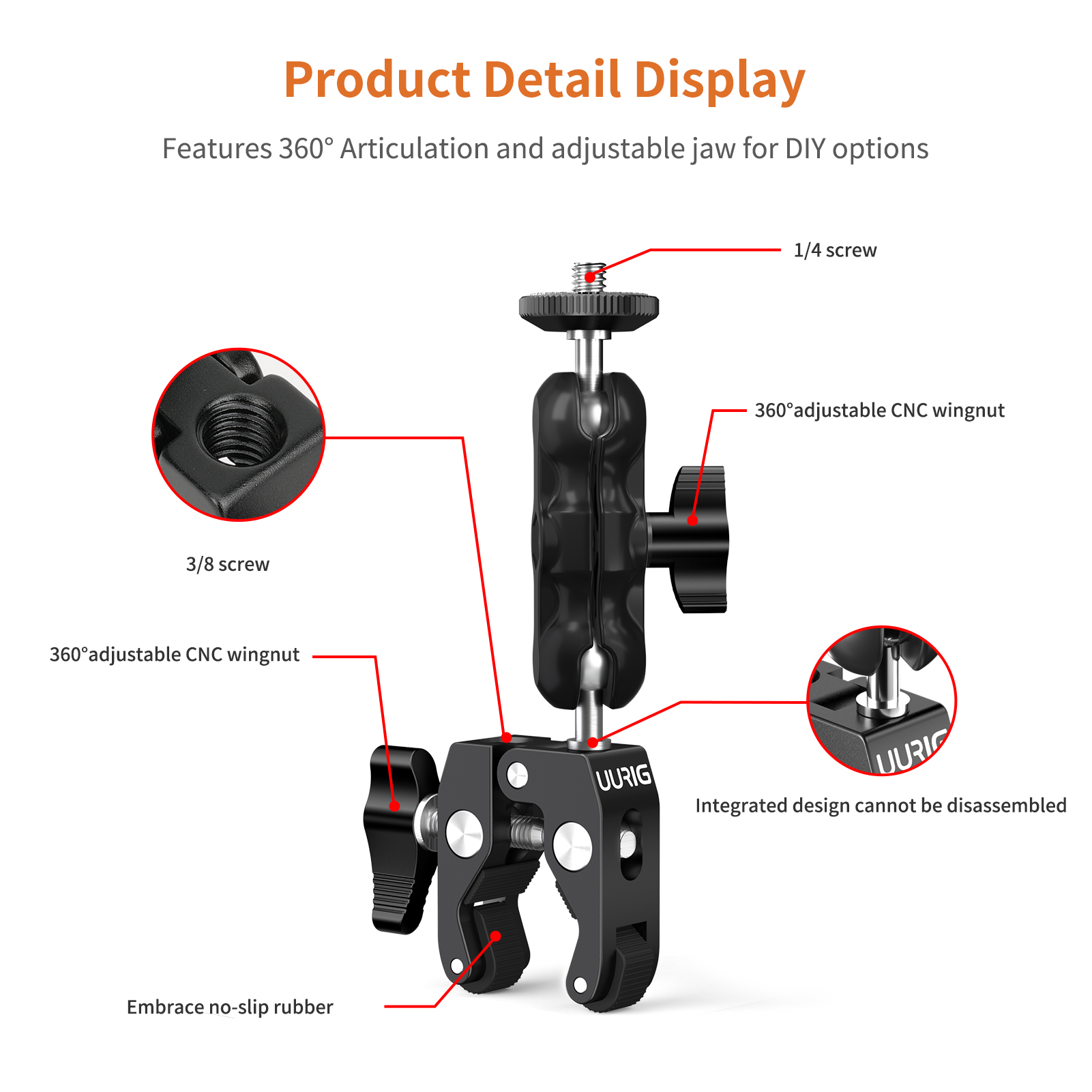 Phụ kiện insta360/Gopro kẹp baga, ghi đông Uurig bằng nhôm CNC siêu chắc
