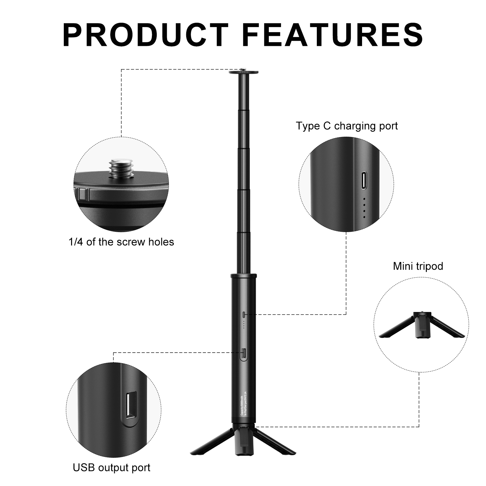 Gậy tripod kiêm sạc dự phòng dung lượng pin 5000 Mah cho Gopro| phụ kiện Uurig TP-04