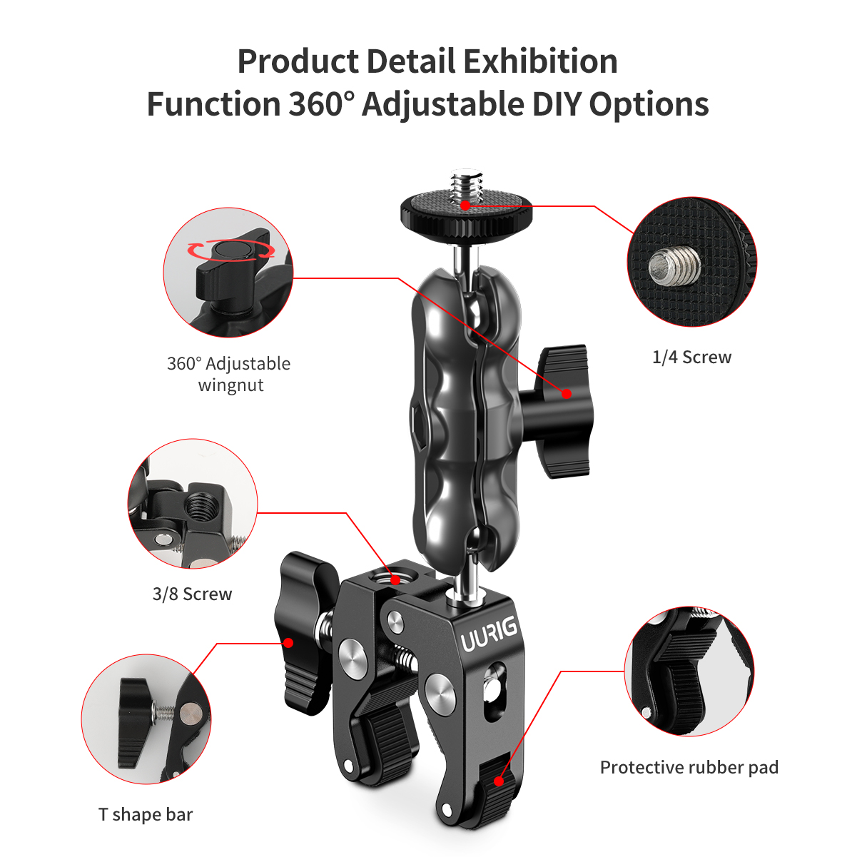 Phụ kiện insta360/Gopro kẹp baga, ghi đông Uurig bằng nhôm CNC siêu chắc