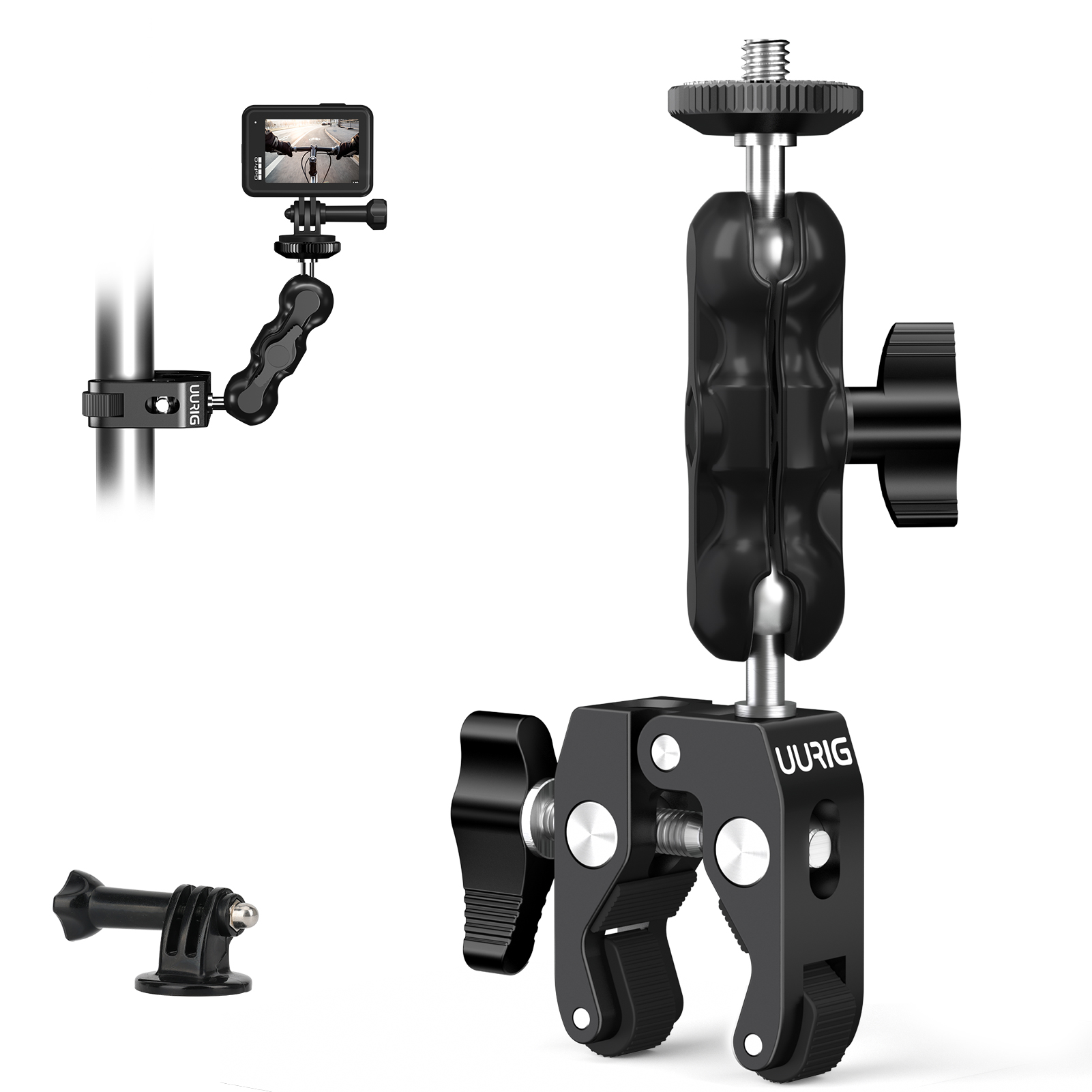 Phụ kiện insta360/Gopro kẹp baga, ghi đông Uurig bằng nhôm CNC siêu chắc