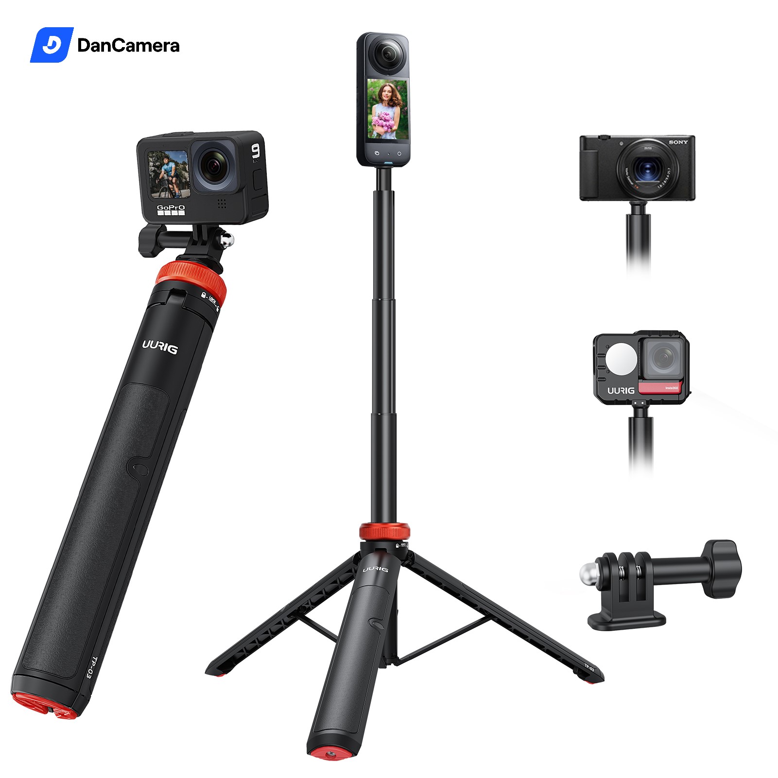 Gậy Selfie stick và tripod uurig 2 trong 1 TP - 03 dài 1m2 đa năng dành cho Gopro/insta360/DJI