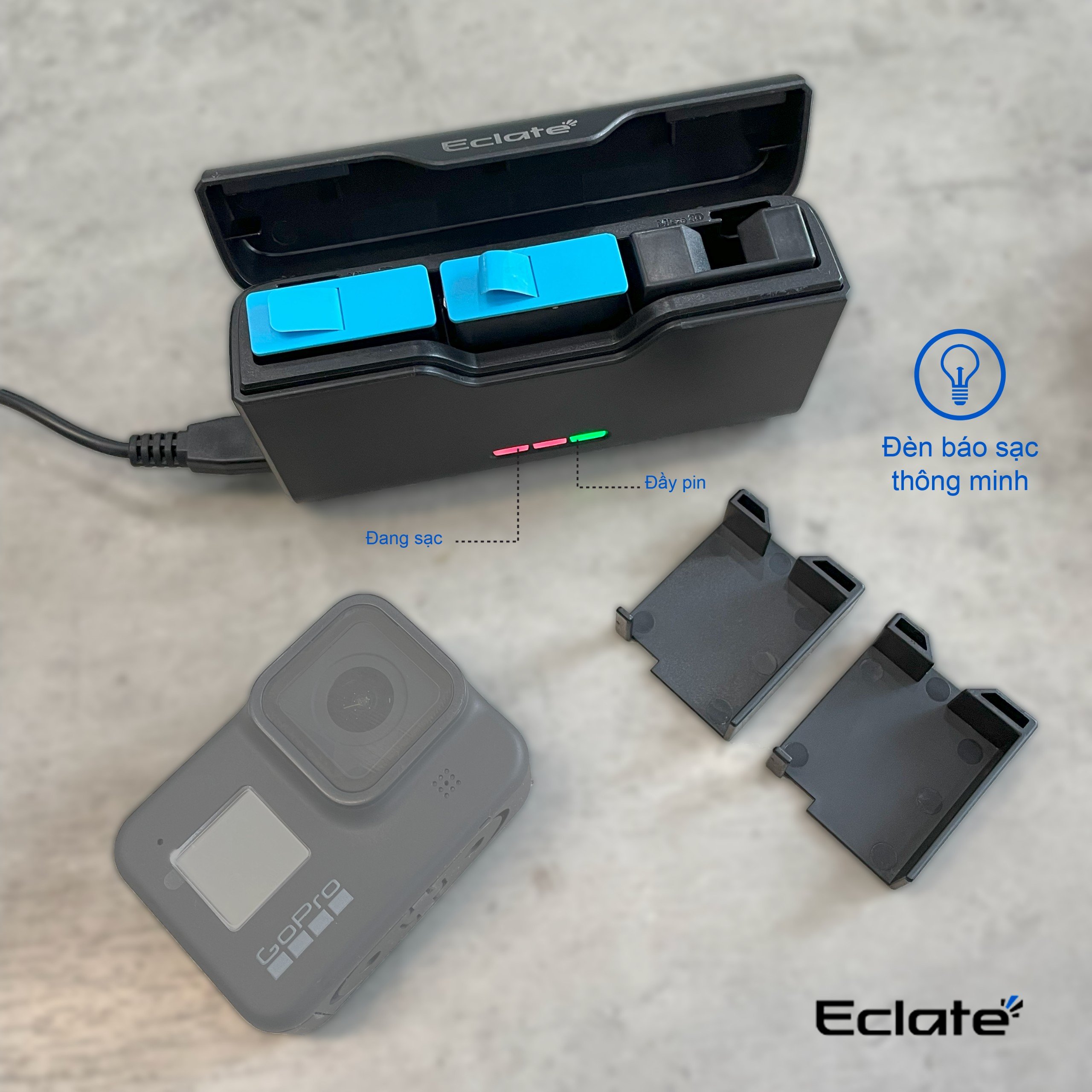 Dock sạc 3 pin Eclaté dành cho Gopro tích hợp 5/6/7/8/9/10/11/12 có khay đựng thẻ nhớ