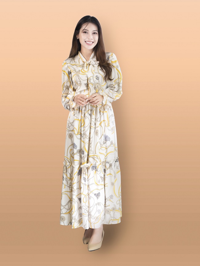 Đầm xòe dáng dài họa tiết phối nơ cổ KK108-25 | Thời trang công sở K&K  Fashion
