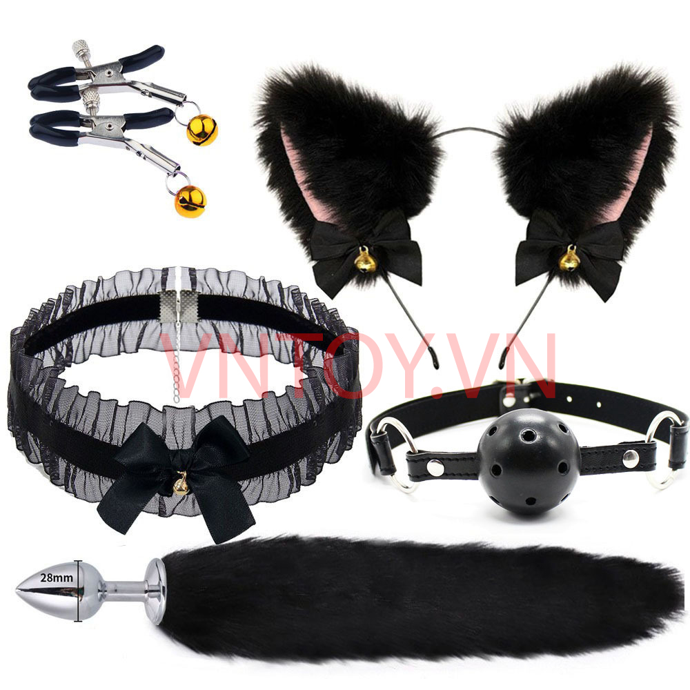 Đồ chơi BDSM 5 món Đuôi cáo, Gag Ball, Kẹp ti, Tai mèo và Choker cổ