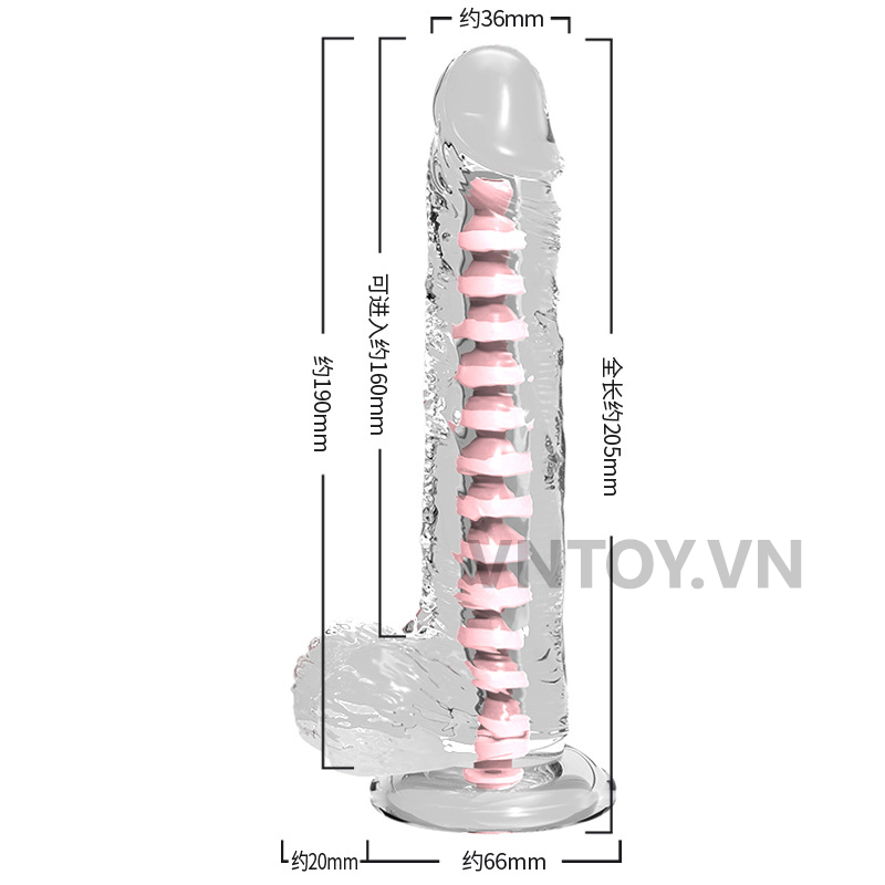 Dương vật giả dẻo trong suốt có lõi xương sống định hình