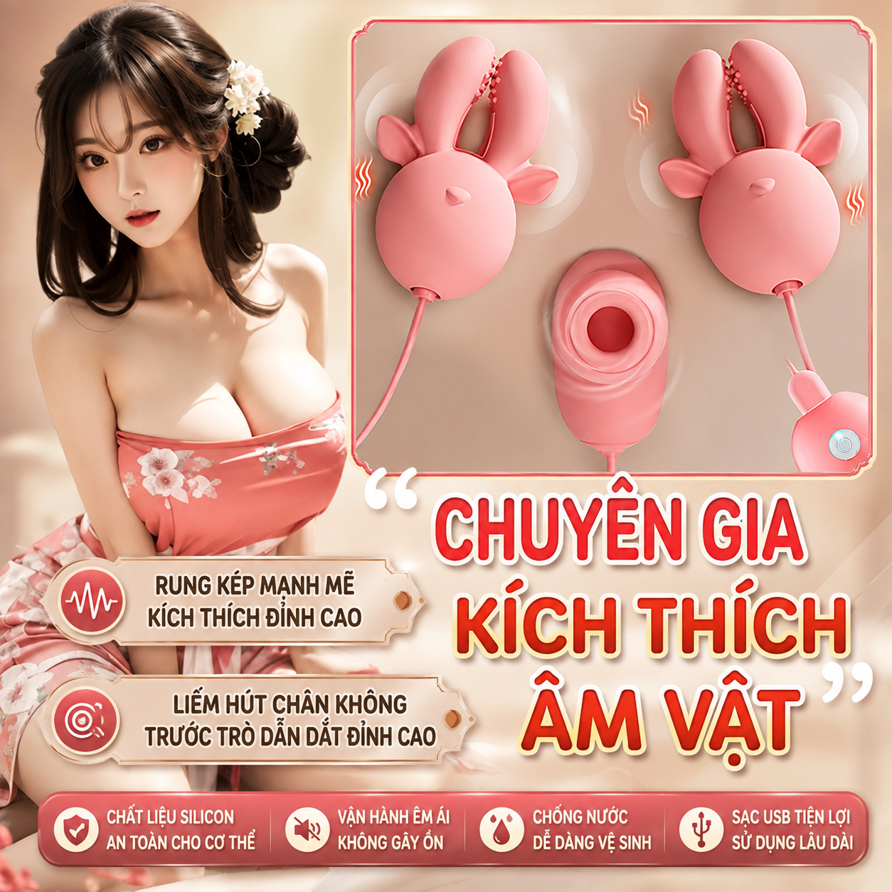 Kẹp Vú Silicon 3 Đầu Rung Hút Đa Chức Năng