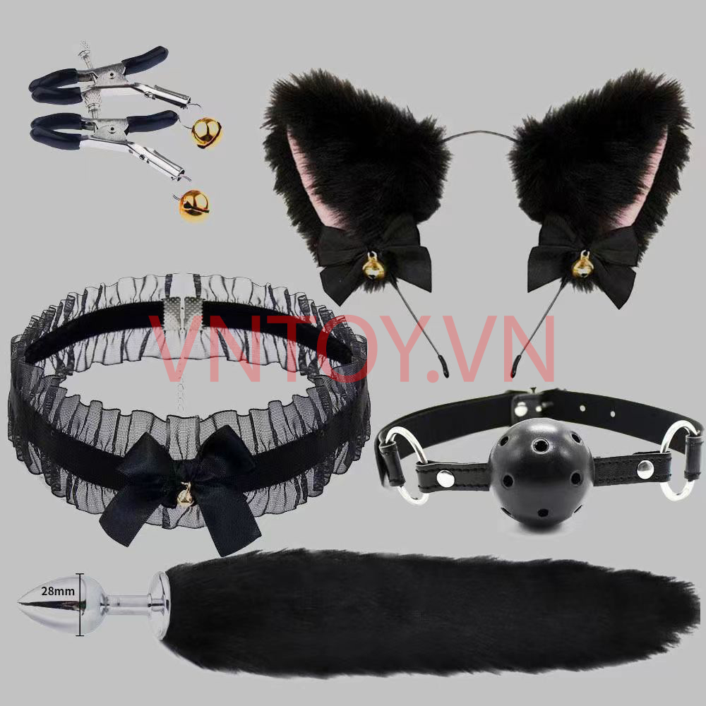 Đồ chơi BDSM 5 món Đuôi cáo, Gag Ball, Kẹp ti, Tai mèo và Choker cổ