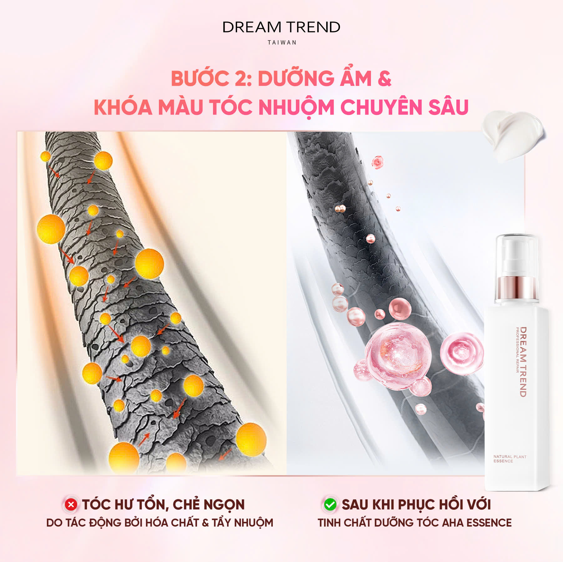 Combo Khóa màu tóc nhuộm DREAM TREND - Tinh chất AHA hồng & Dầu gội hồng