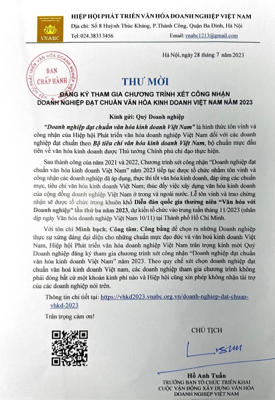 Thư mời đăng ký tham gia chương trình xét công nhận doanh nghiệp đạt chuẩn văn hóa kinh doanh Việt Nam năm 2023