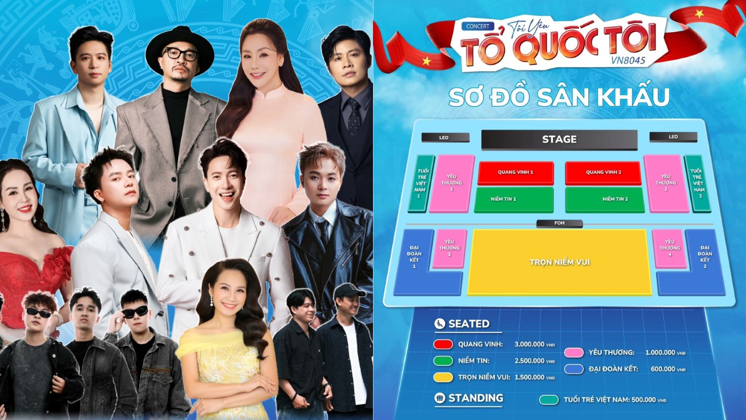 Concert “Tôi yêu Tổ quốc tôi VN8045” tại Cung điền kinh Mỹ Đình: Giá vé, quyền lợi và dàn nghệ sĩ đình đám