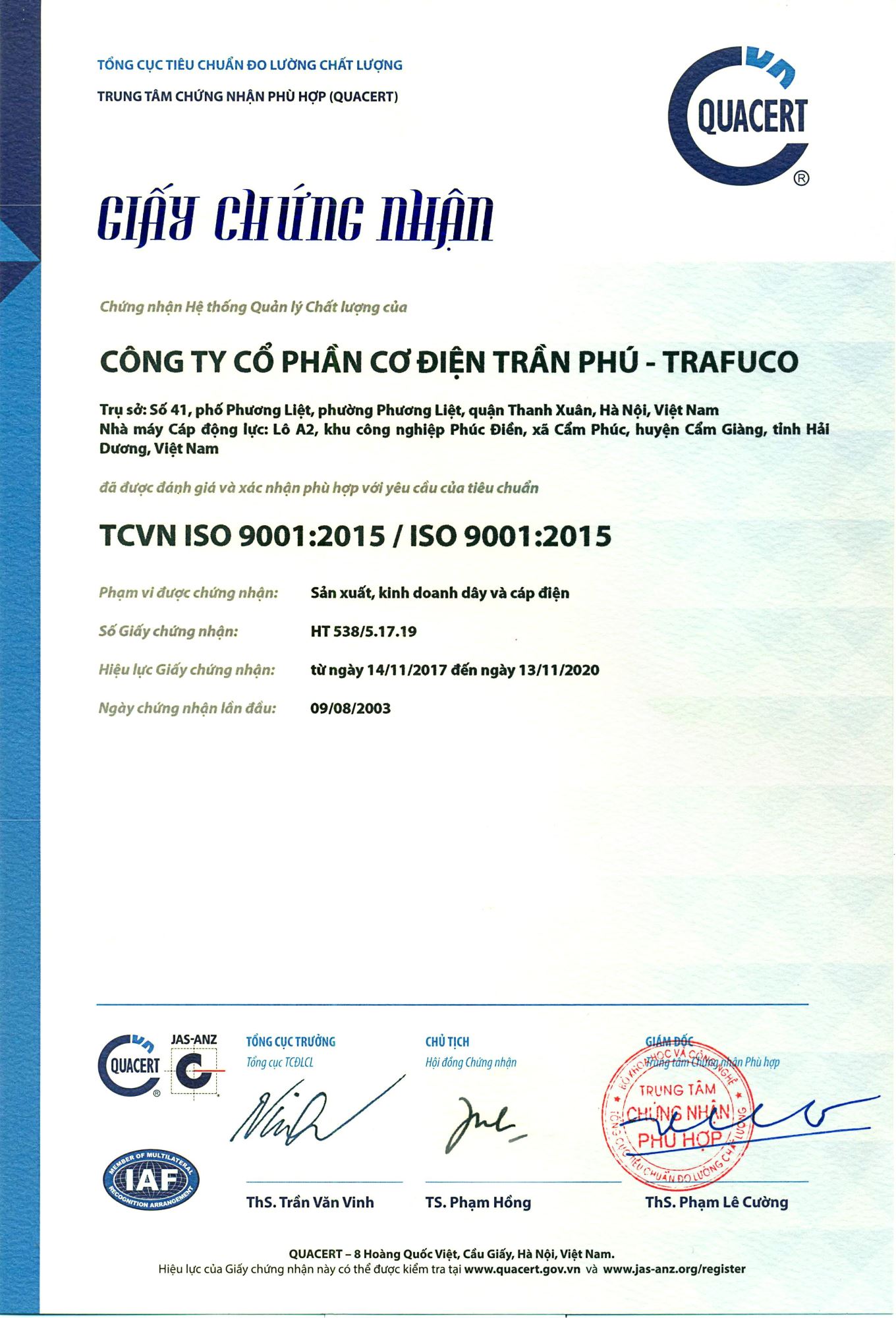 Dây & cáp điện Trần Phú khẳng định chất lượng với ISO 9001:2015
