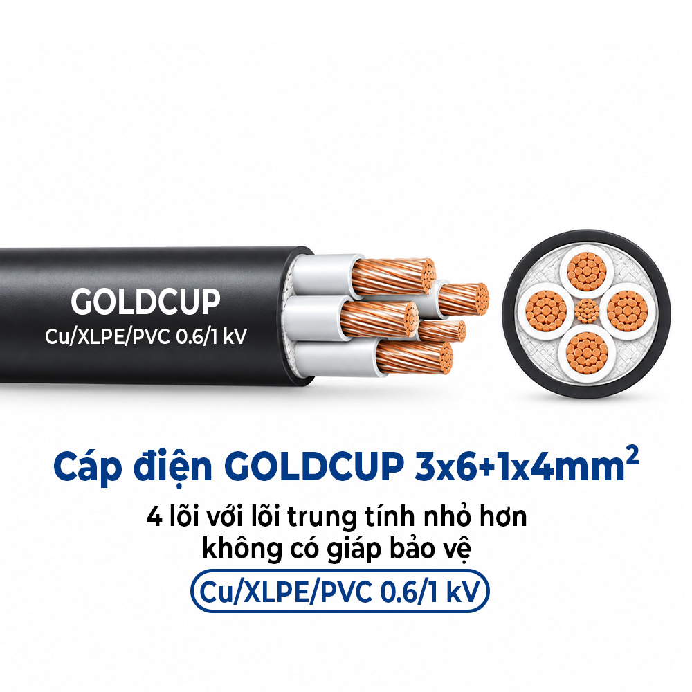Cáp Điện GOLDCUP 3×6 + 1×4mm² – 4 Lõi Trung Tính Nhỏ Hơn Cu/XLPE/PVC 0,6/1kV