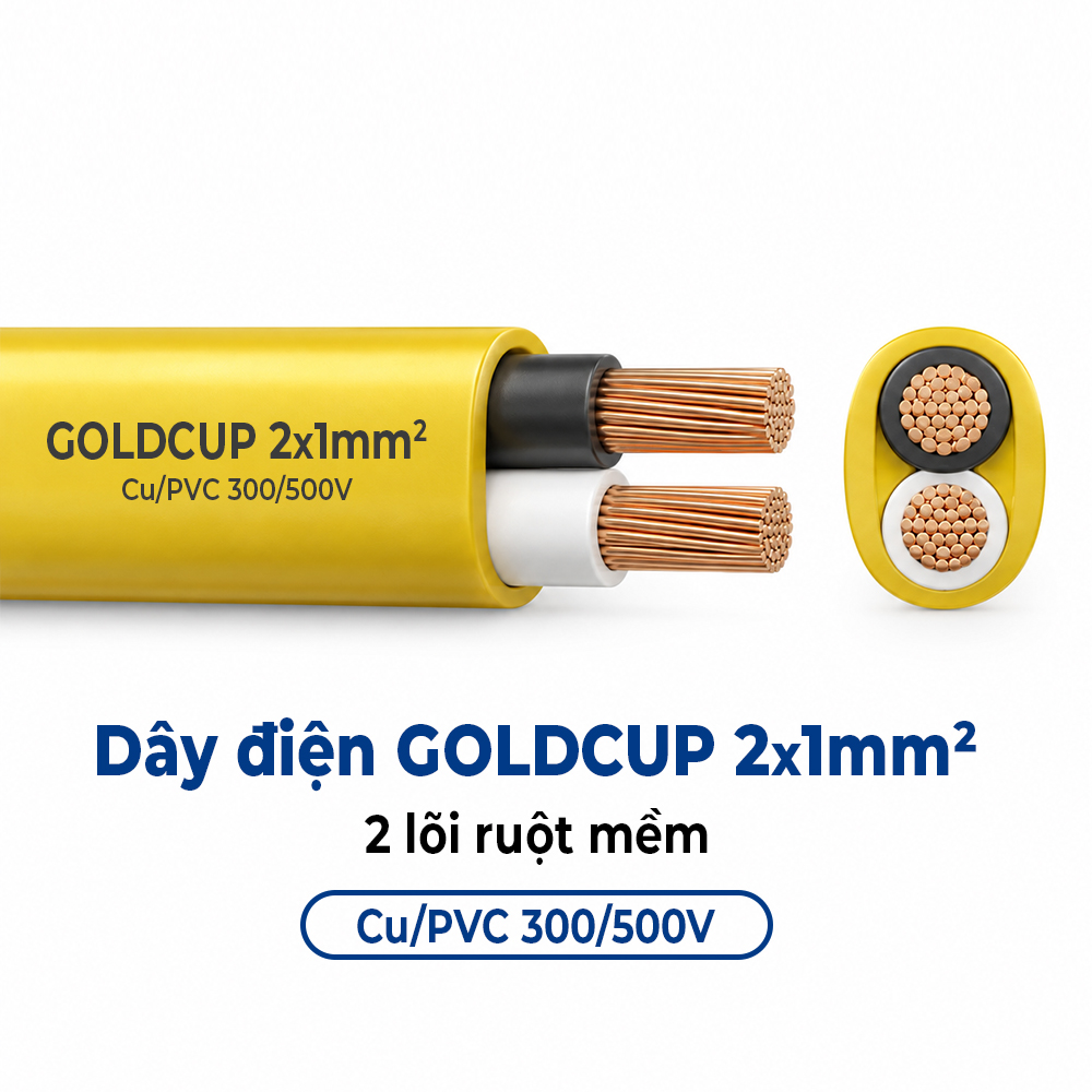 Dây Điện GOLDCUP 2 Lõi Ruột Mềm Dạng Ô Van 2×1mm² Cu/PVC/PVC 300/500V
