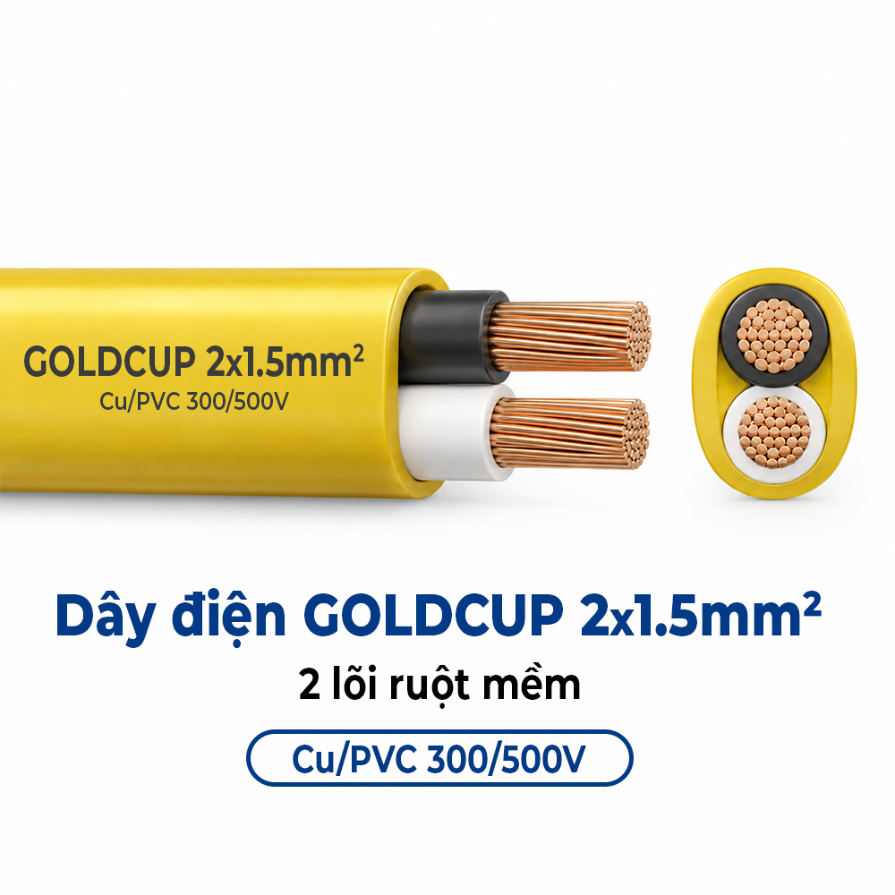 Dây Điện GOLDCUP 2 Lõi Ruột Mềm Dạng Ô Van 2×1,5mm² Cu/PVC/PVC 300/500V