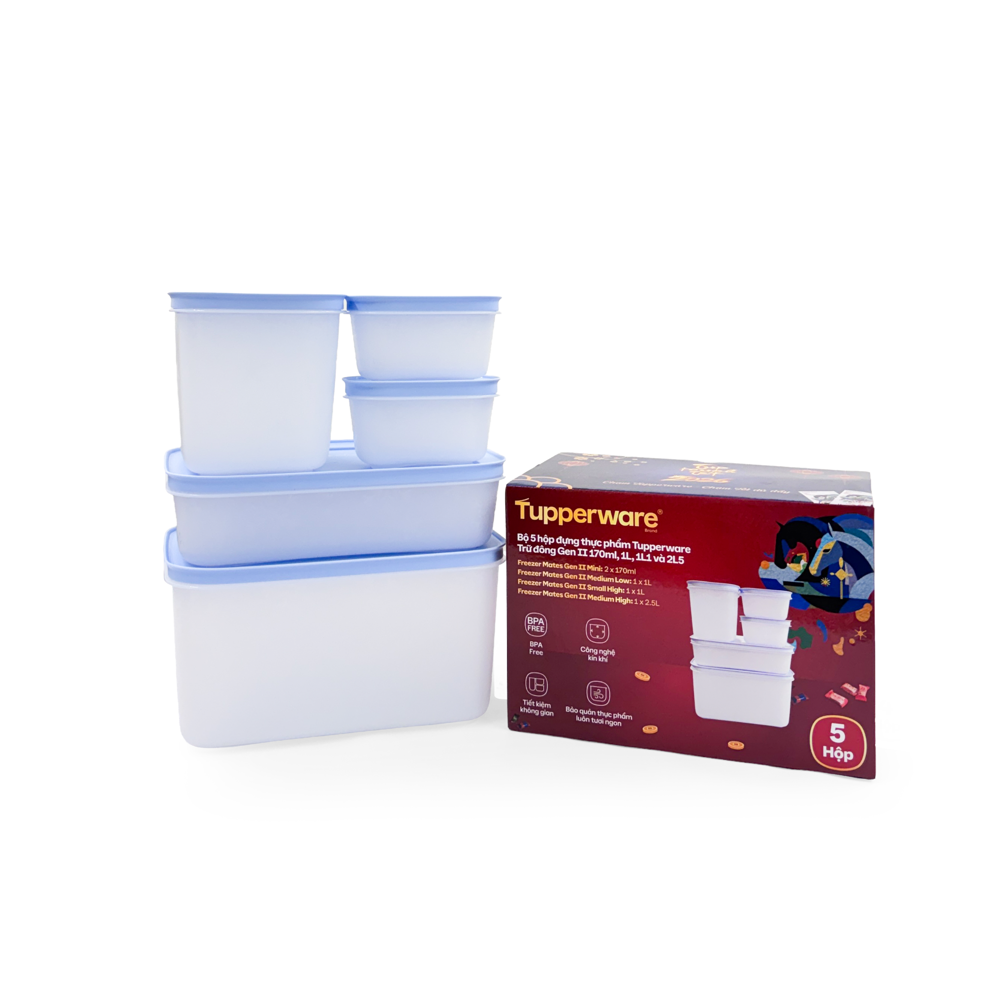 Bộ 5 Hộp Tupperware Trữ Đông Gen II  (2 hộp 170ml+1 hộp 1.1L+1 hộp 1L và 1 hộp 2.5L ) - New Tupperware