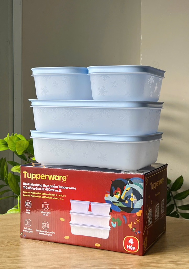 Bộ 4 Hộp Tupperware Trữ Đông Gen II (2 hộp 450ml và 2 hộp 1L) - Đông Dẻo Cao Cấp -  New Tupperware