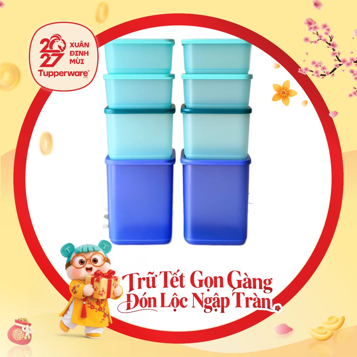 Bộ 8 Hộp Trữ Mát Tupperware Fresh Block Square 650ml, 1L, 1.8L