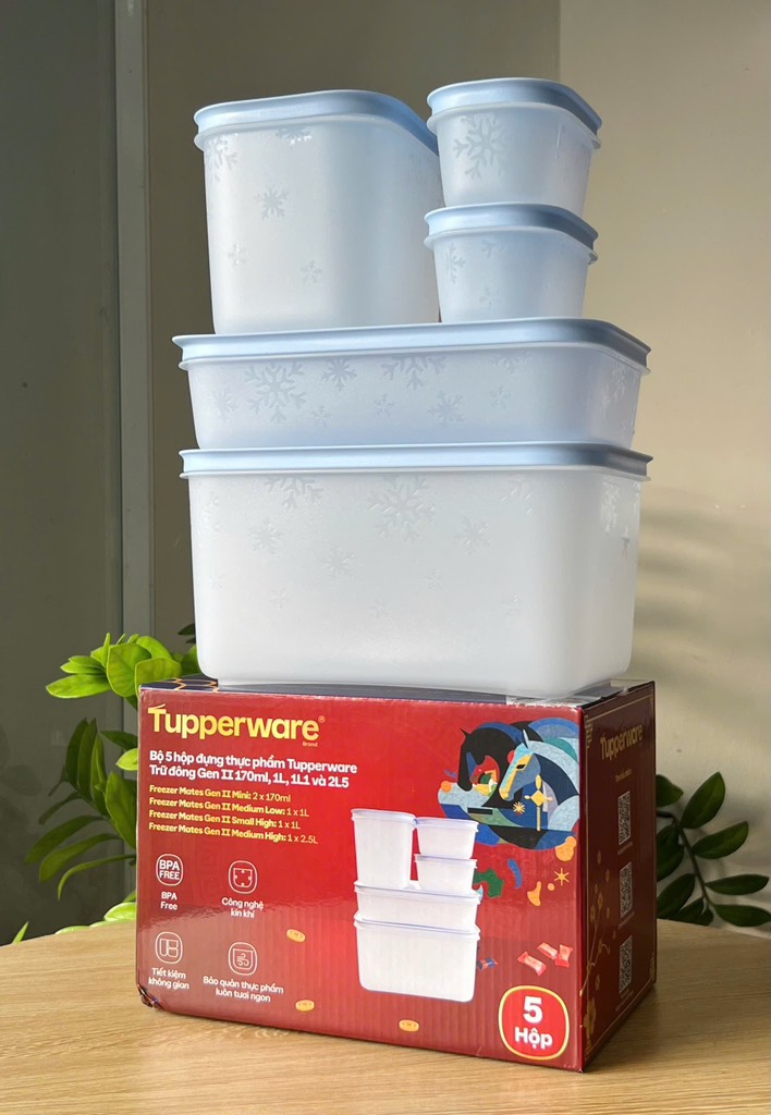 Bộ 5 Hộp Tupperware Trữ Đông Gen II  (2 hộp 170ml+1 hộp 1.1L+1 hộp 1L và 1 hộp 2.5L ) - New Tupperware