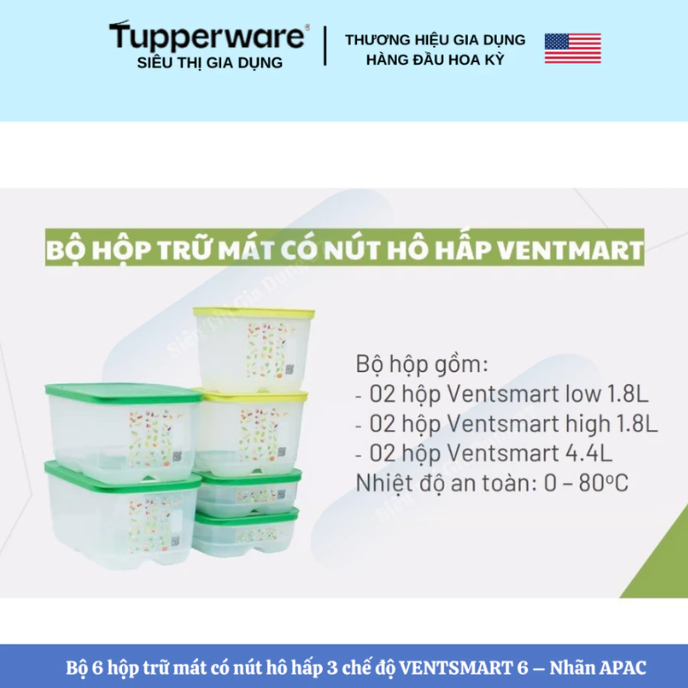 Combo Trọn Bộ Hộp Trữ Mát Tupperware Có Nút Hô Hấp VENTSMART 6 – Nhãn APAC