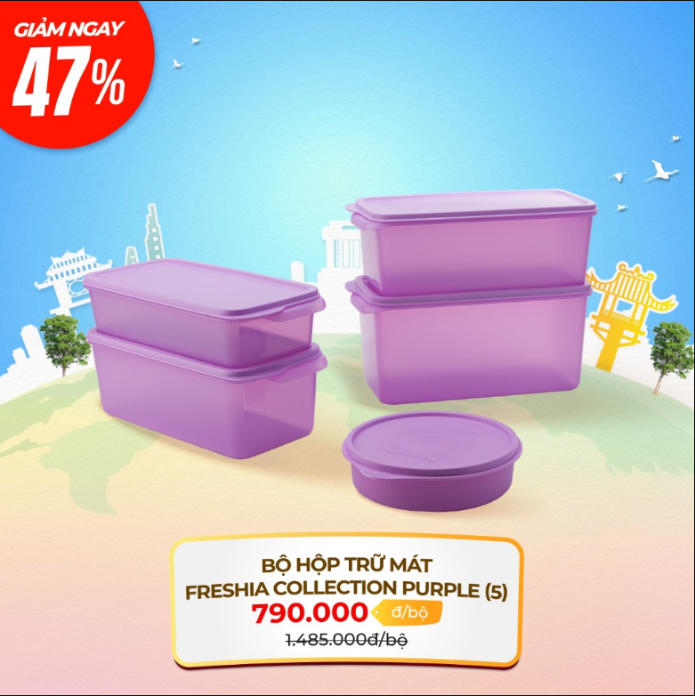 Combo Trọn Bộ Hộp Tupperware Bảo Quản Thực Phẩm Ngăn Mát Freshia Màu tím (5 Hộp)