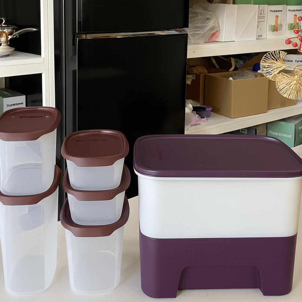 Combo Bộ Hộp Tupperware Bảo Quản Thực Phẩm One Touch Fresh 5 Hộp và Thùng Gạo Rice Smart Junior 5kg